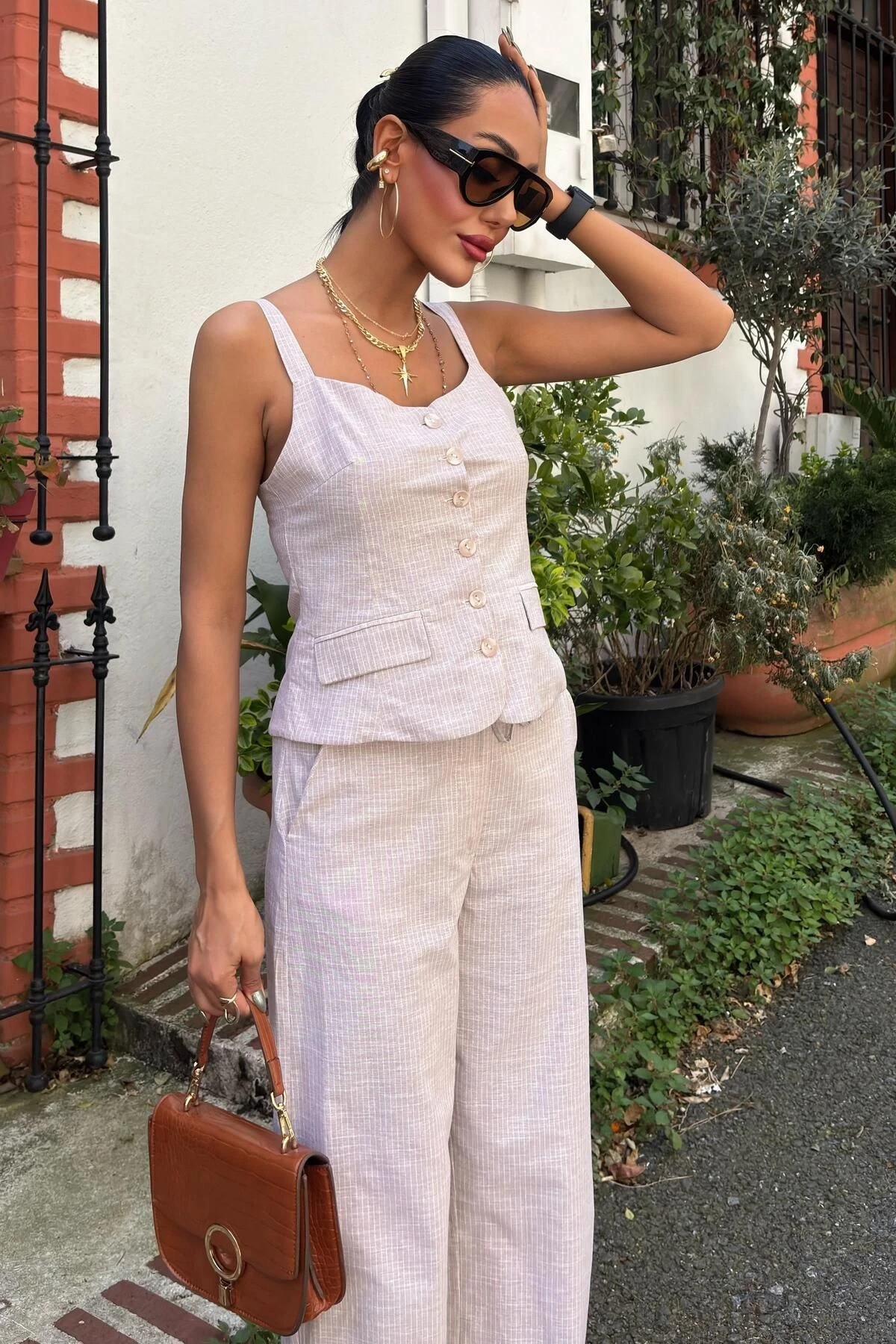 Kadın Taş Keten Uzun V Yaka Kolsuz Takım