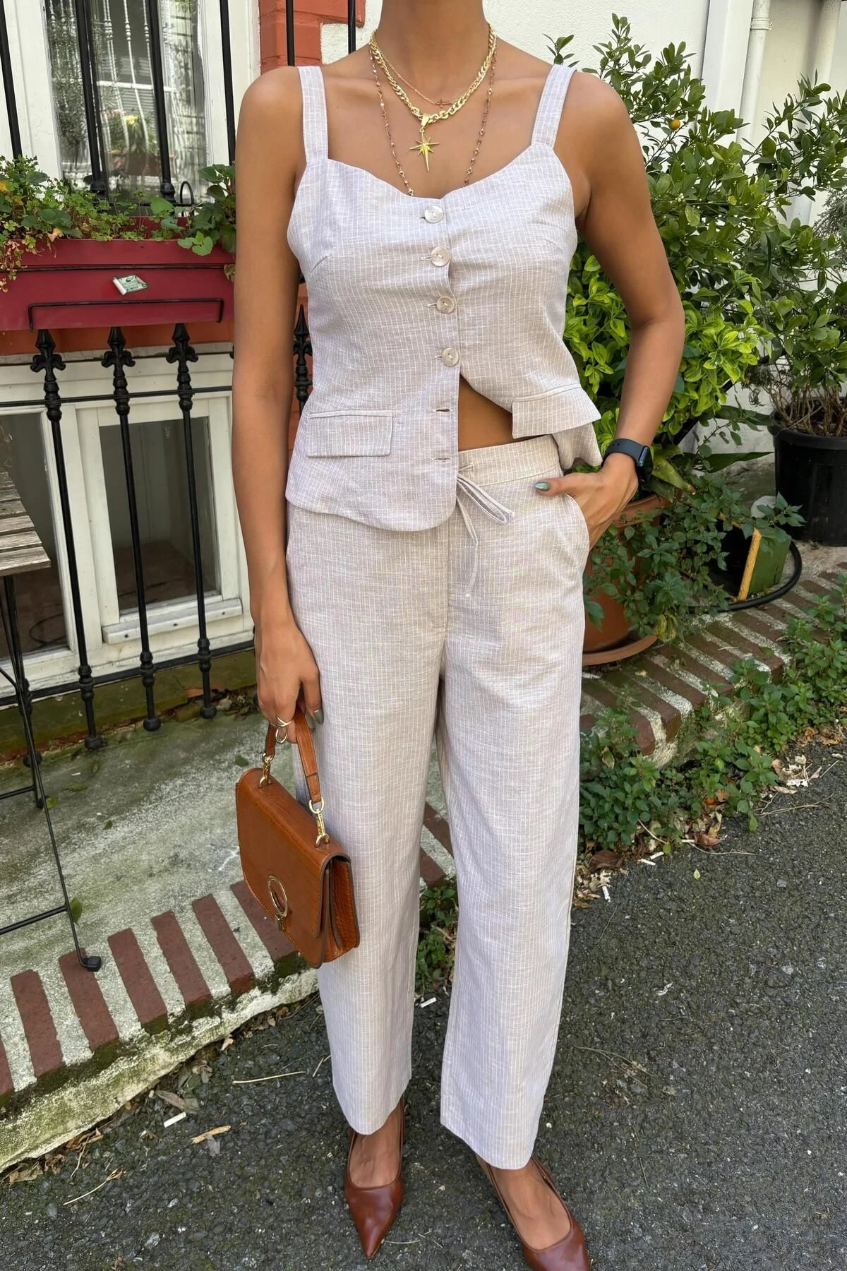 Kadın Taş Keten Uzun V Yaka Kolsuz Takım