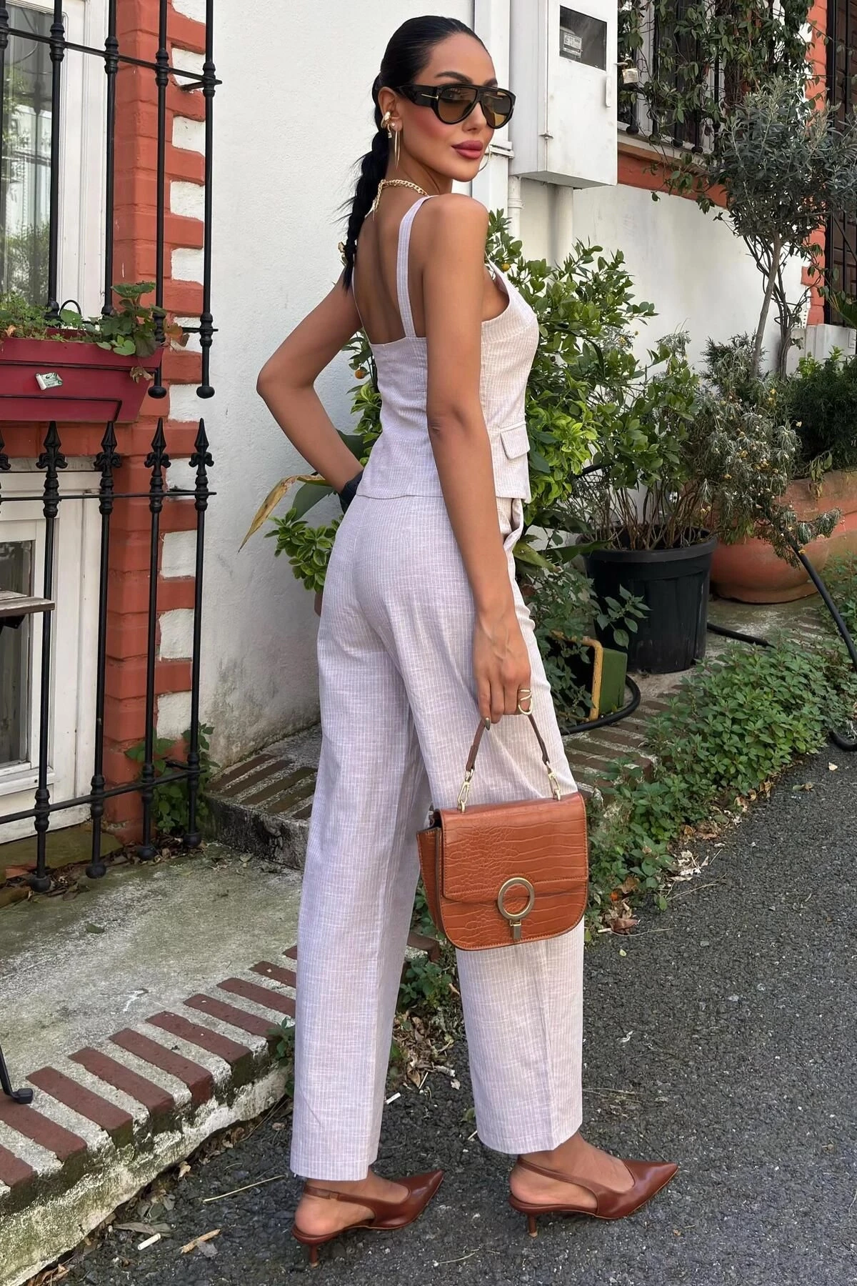 Kadın Taş Keten Uzun V Yaka Kolsuz Takım