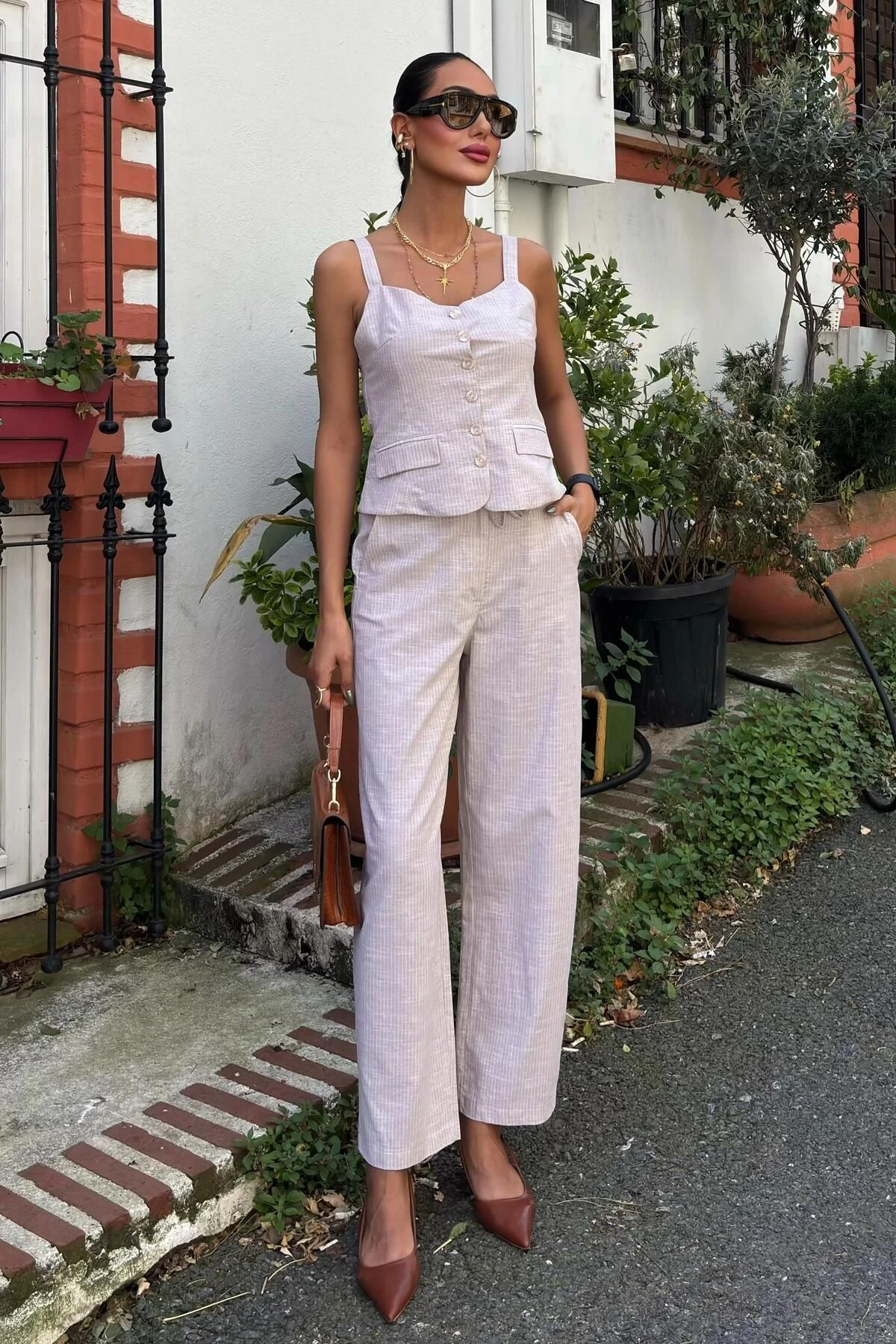 Kadın Taş Keten Uzun V Yaka Kolsuz Takım