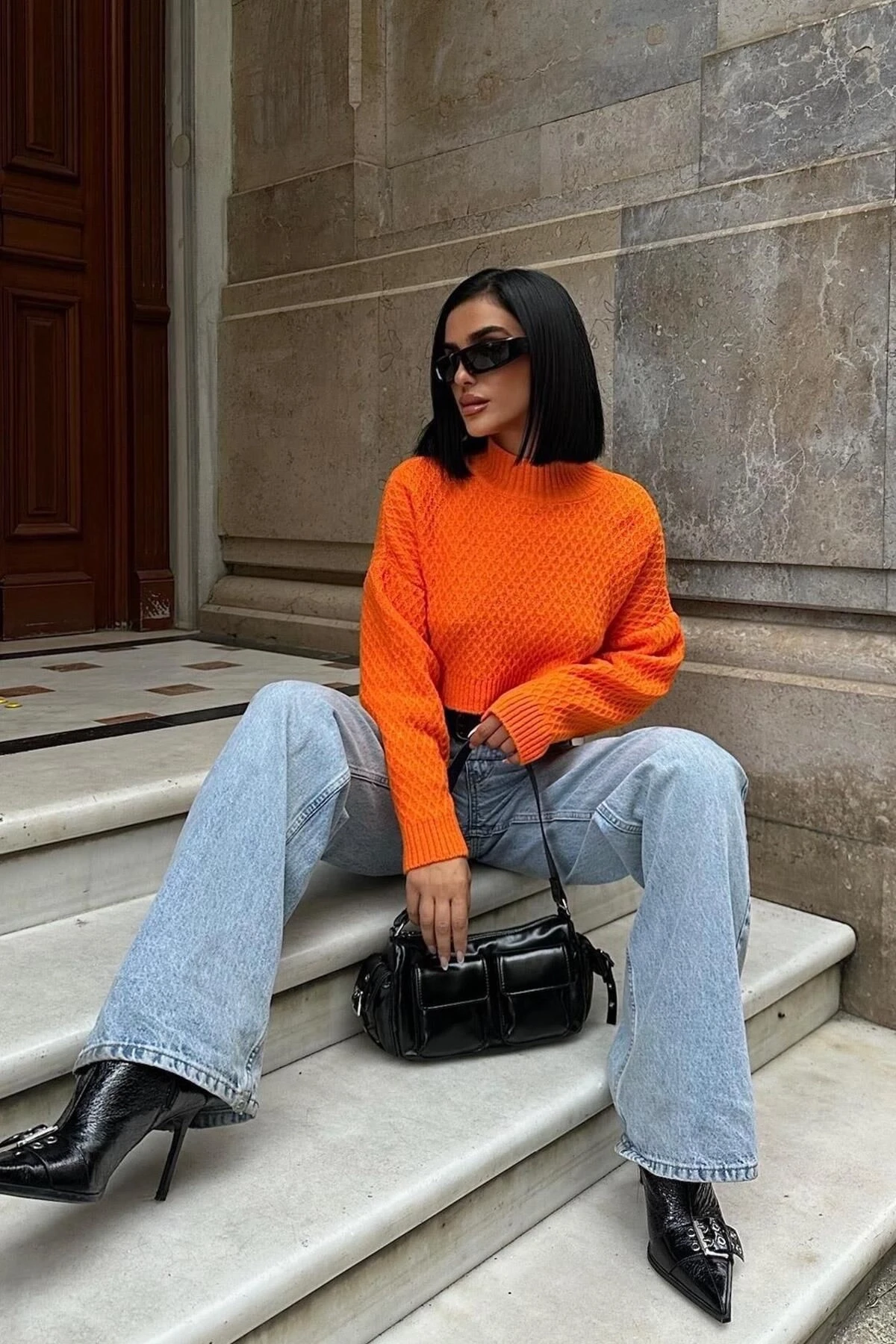 Kadın Turuncu Triko Uzun Kol Bisiklet Yaka Crop Kazak