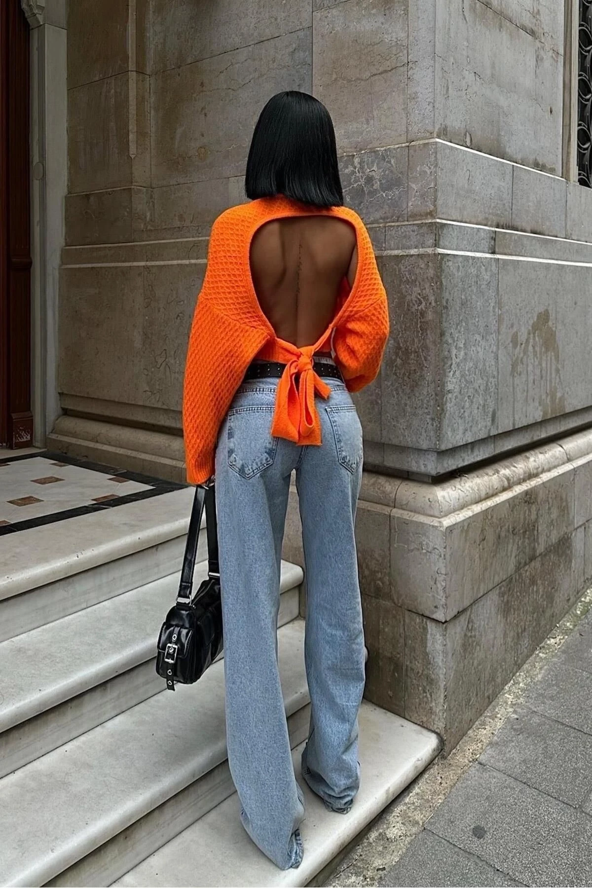 Kadın Turuncu Triko Uzun Kol Bisiklet Yaka Crop Kazak