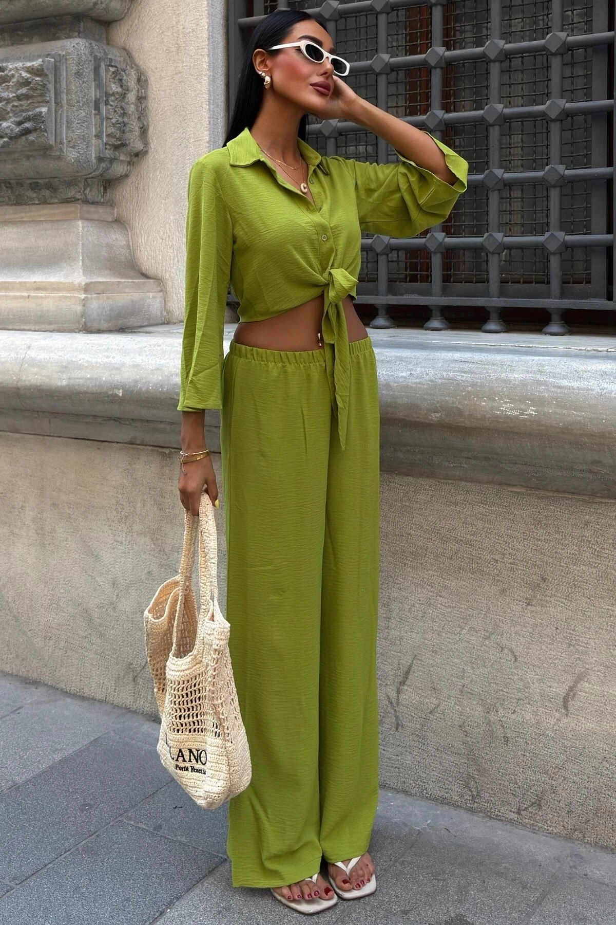 Kadın Yağ Yeşili Ayrobin Uzun Gömlek Pantolon Takım
