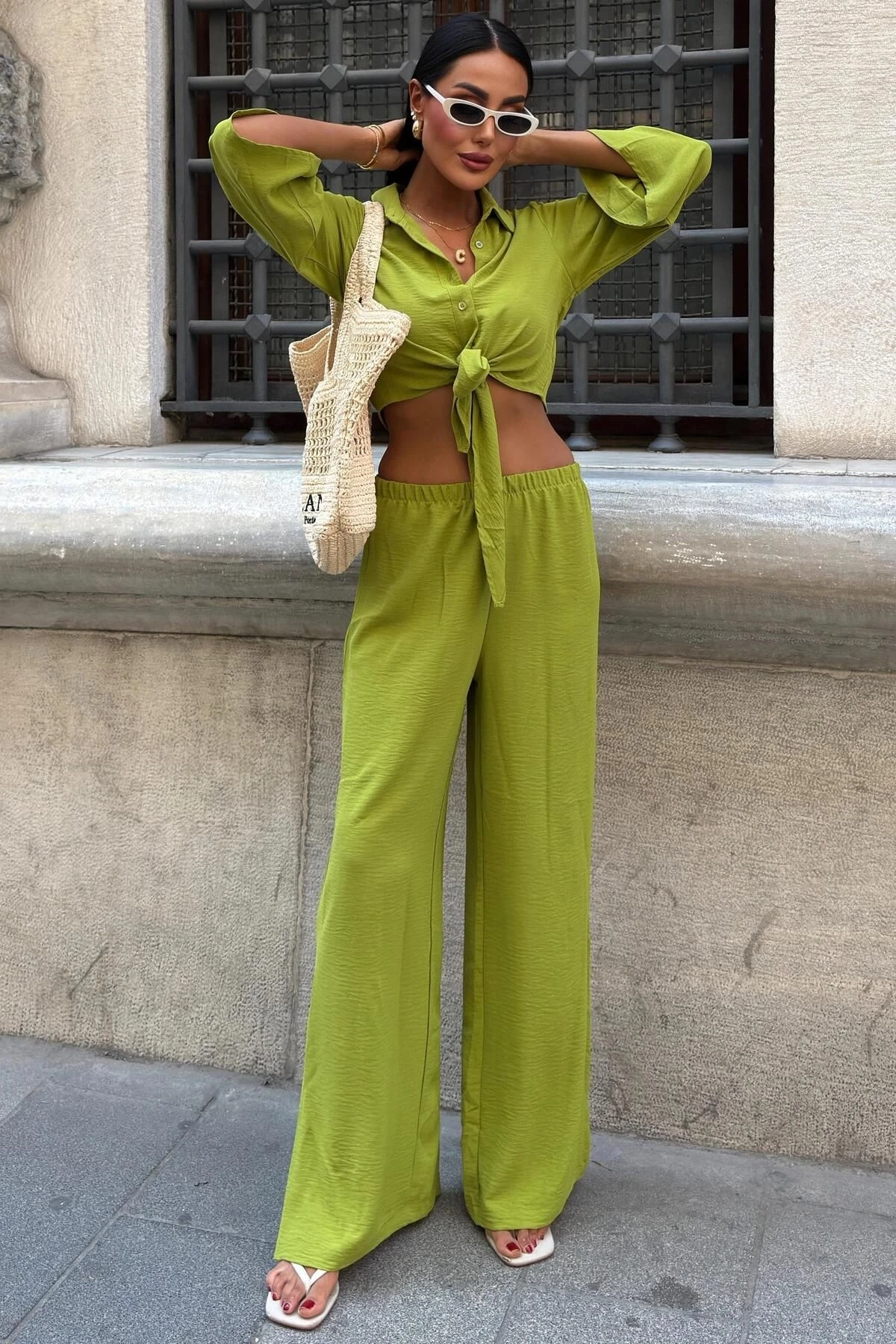 Kadın Yağ Yeşili Ayrobin Uzun Gömlek Pantolon Takım