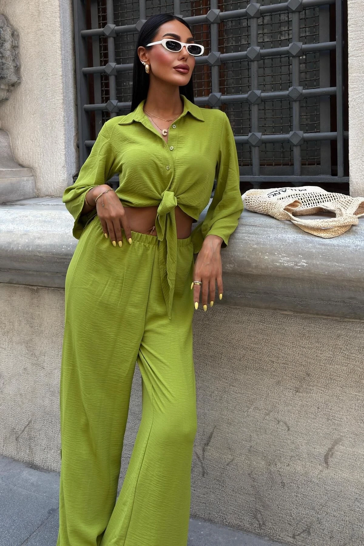 Kadın Yağ Yeşili Ayrobin Uzun Gömlek Pantolon Takım