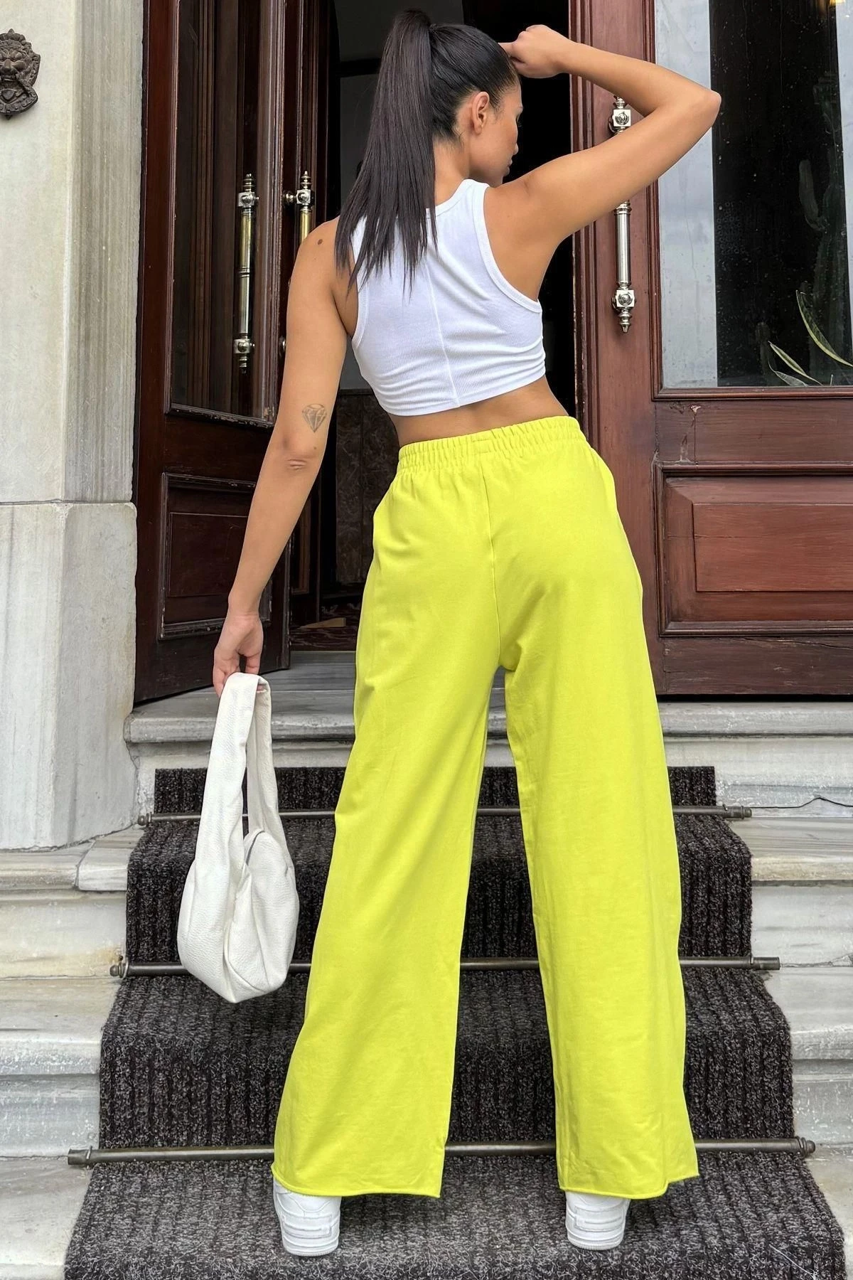 Kadın Yağ Yeşili Beli Lastikli, Cepli, Bol Paça, Salaş Pantolon