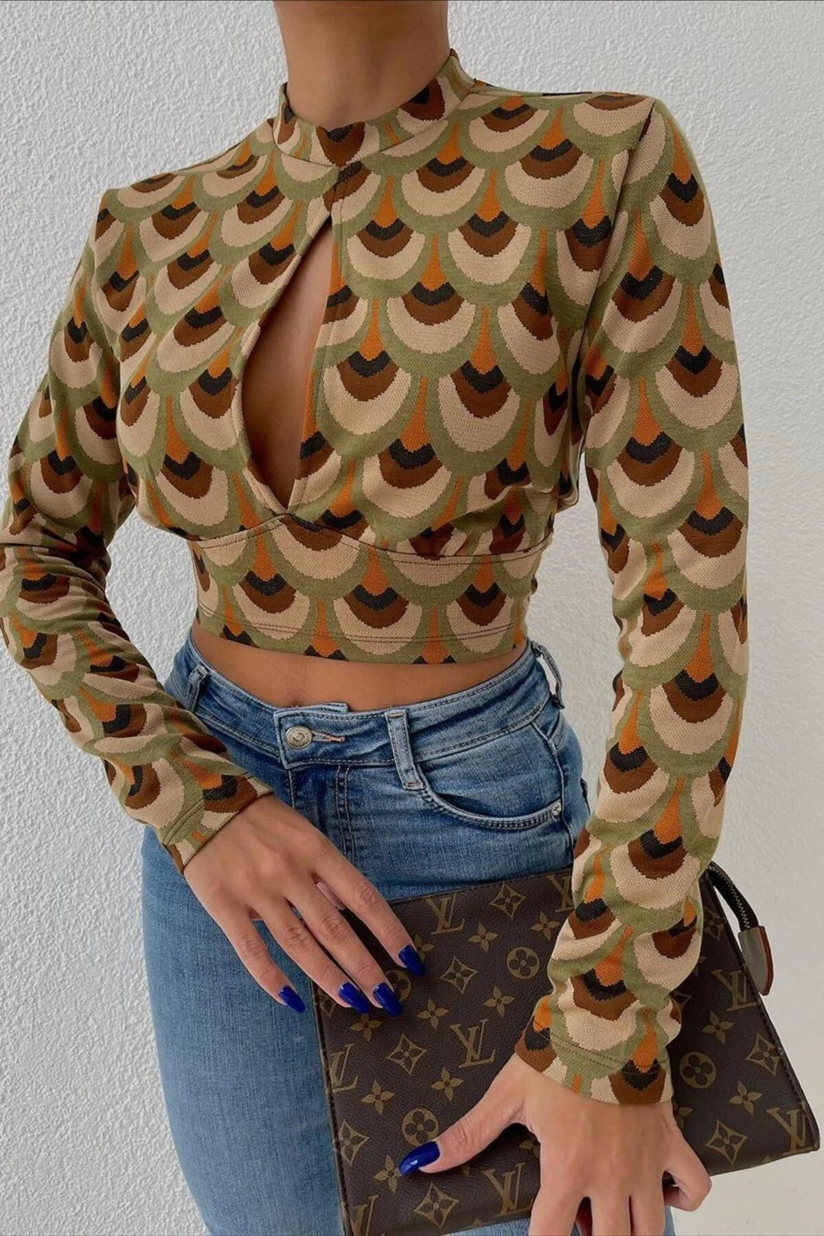 Kadın Yeşil Desenli Dokuma Crop Bluz