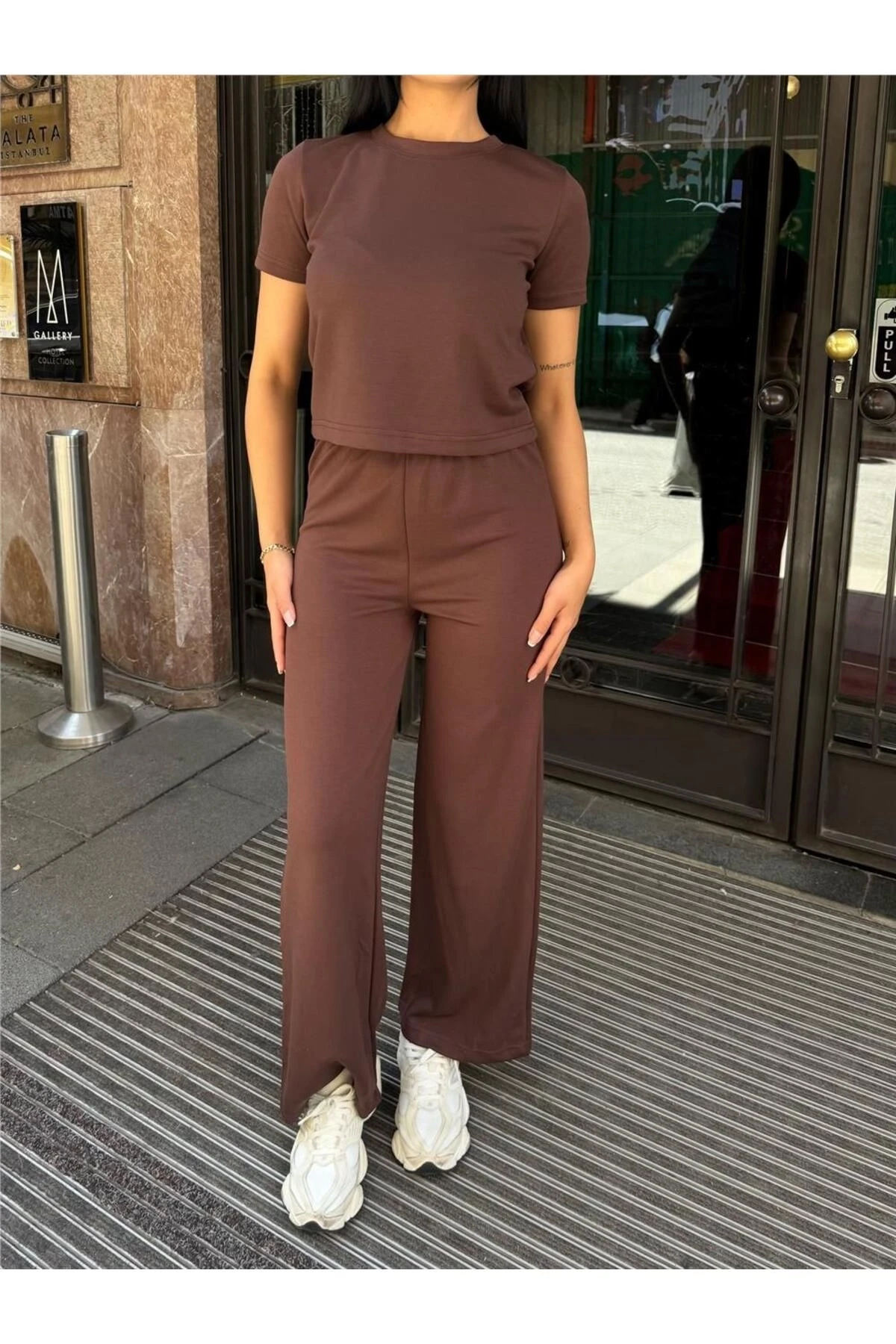 Kahve Modal Polyester Beli Lastikli Palazzo Takım