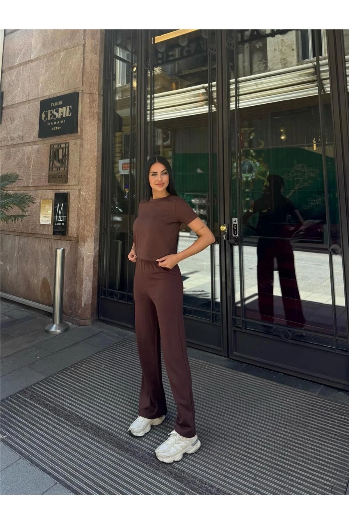 Kahve Modal Polyester Beli Lastikli Palazzo Takım