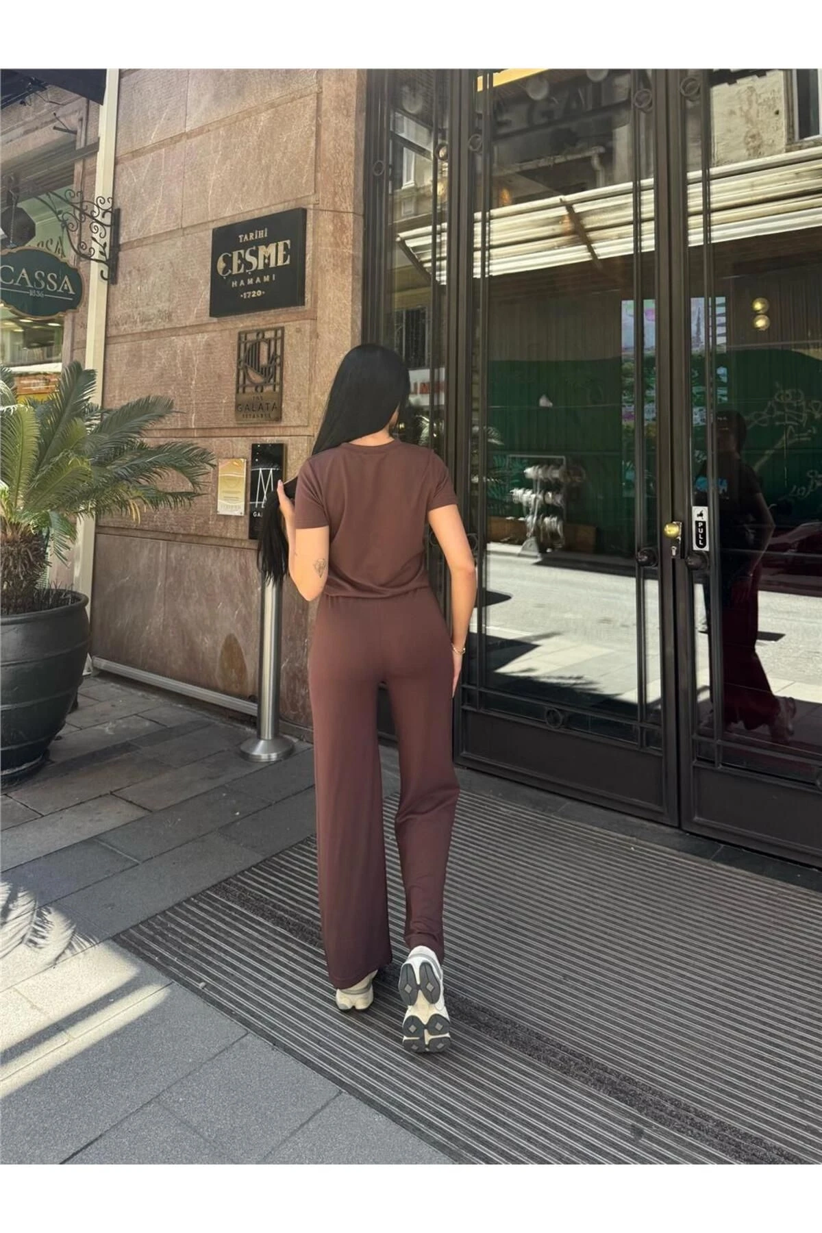 Kahve Modal Polyester Beli Lastikli Palazzo Takım