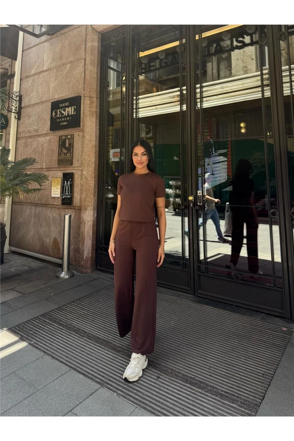 Kahve Modal Polyester Beli Lastikli Palazzo Takım