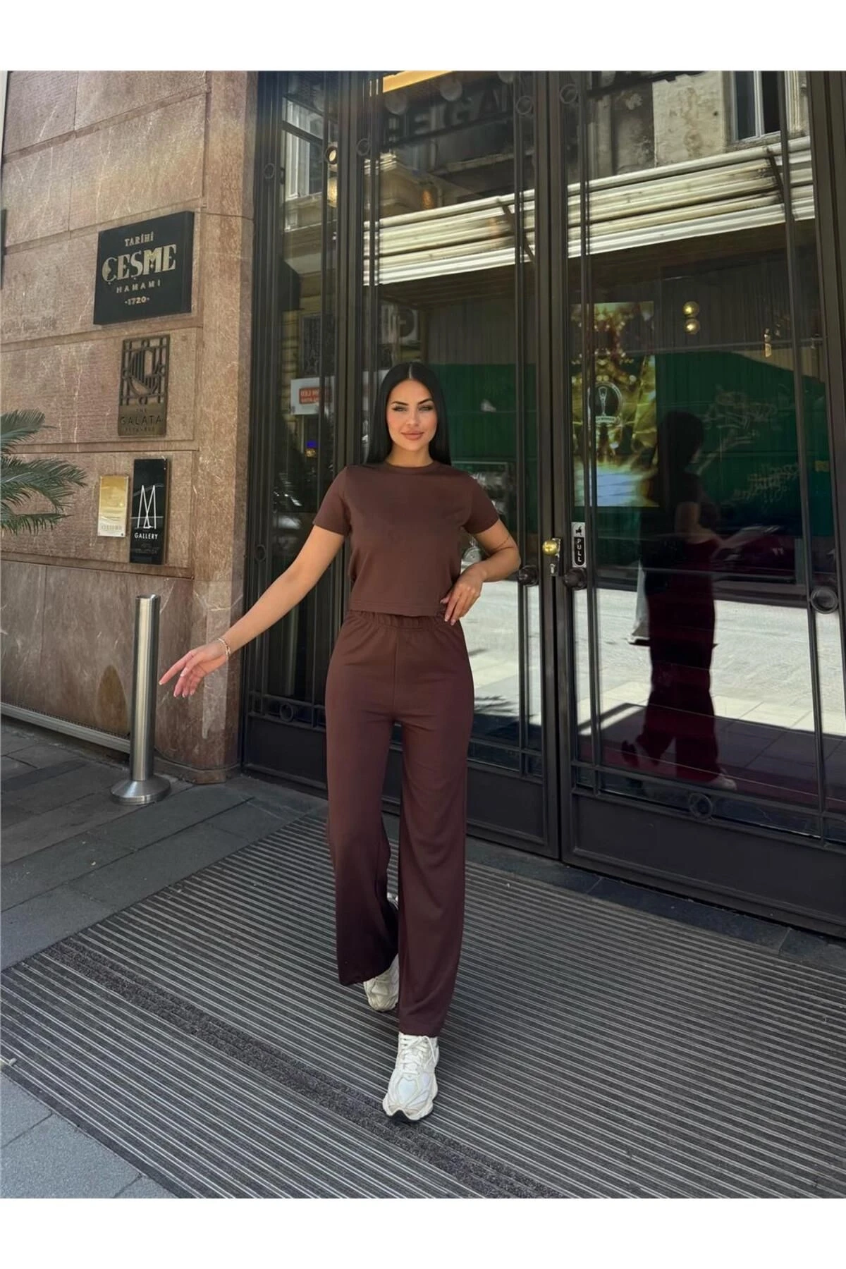 Kahve Modal Polyester Beli Lastikli Palazzo Takım