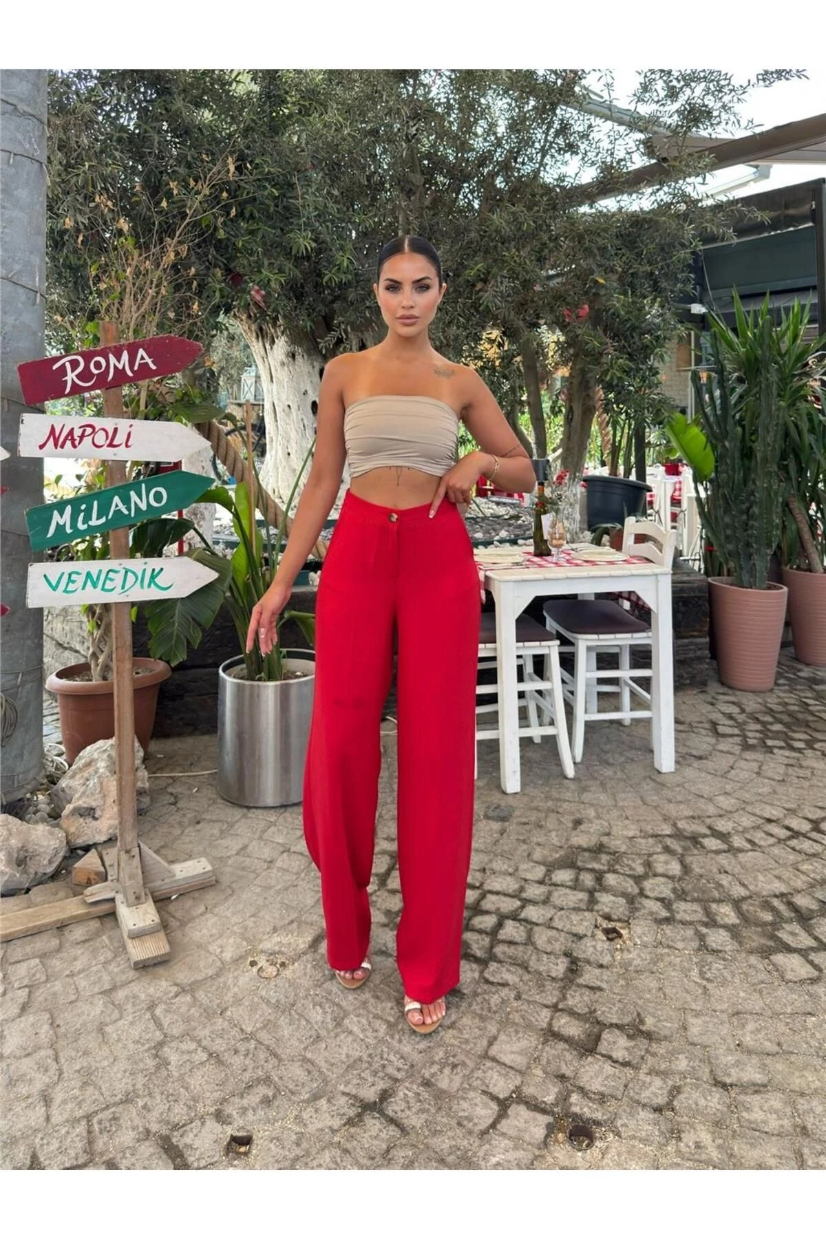 Kırmızı Keten Karışımlı Düz Paça Pantolon