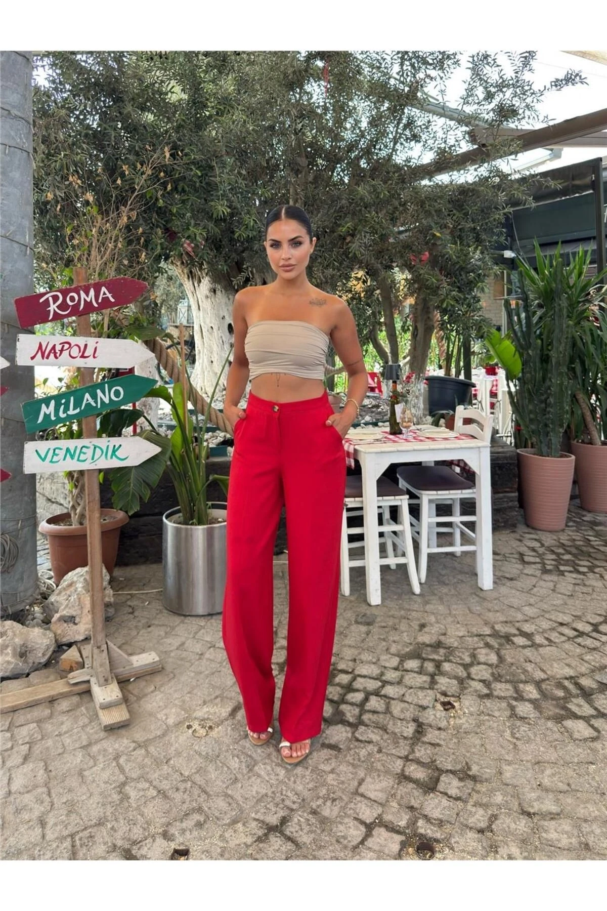 Kırmızı Keten Karışımlı Düz Paça Pantolon