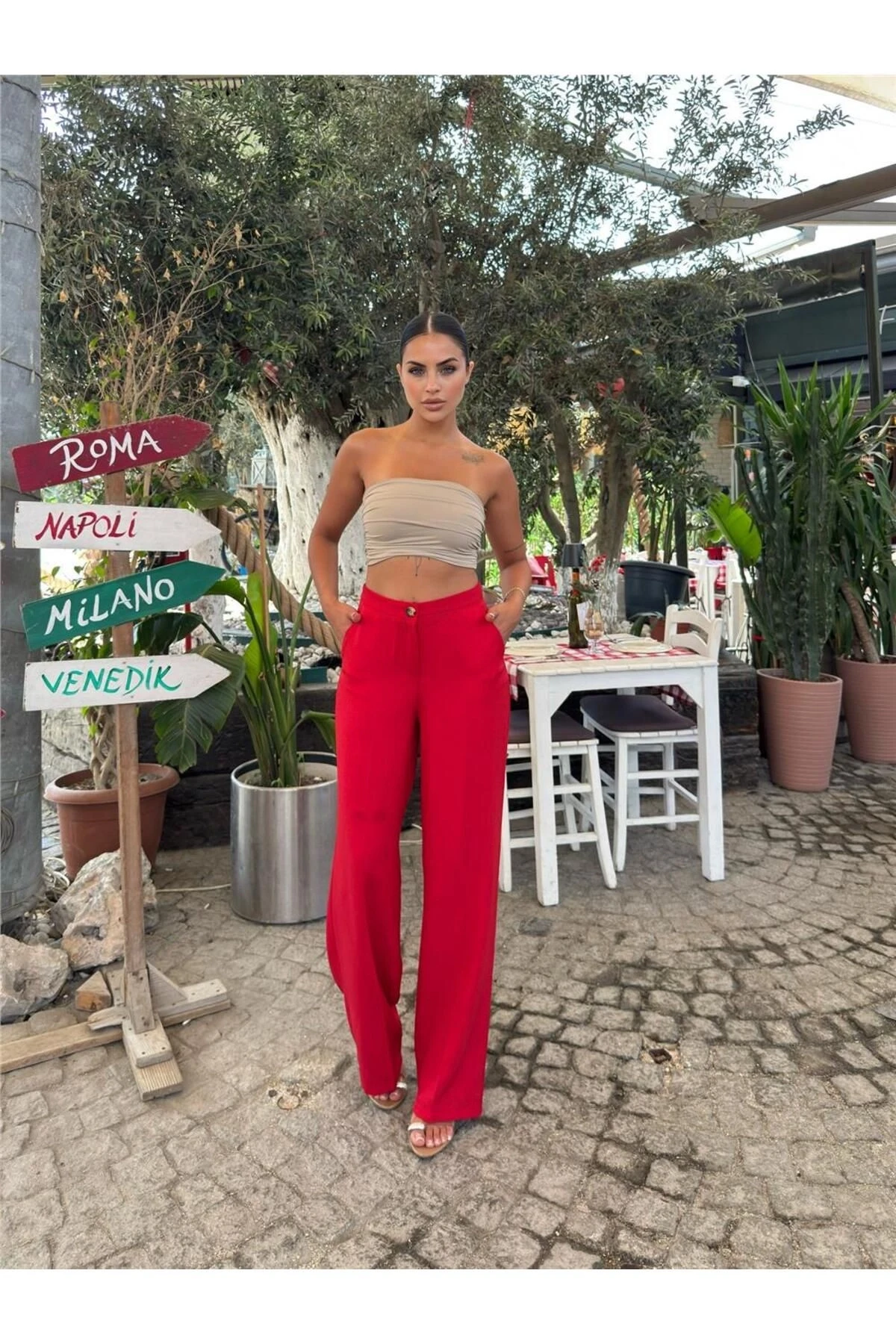 Kırmızı Keten Karışımlı Düz Paça Pantolon