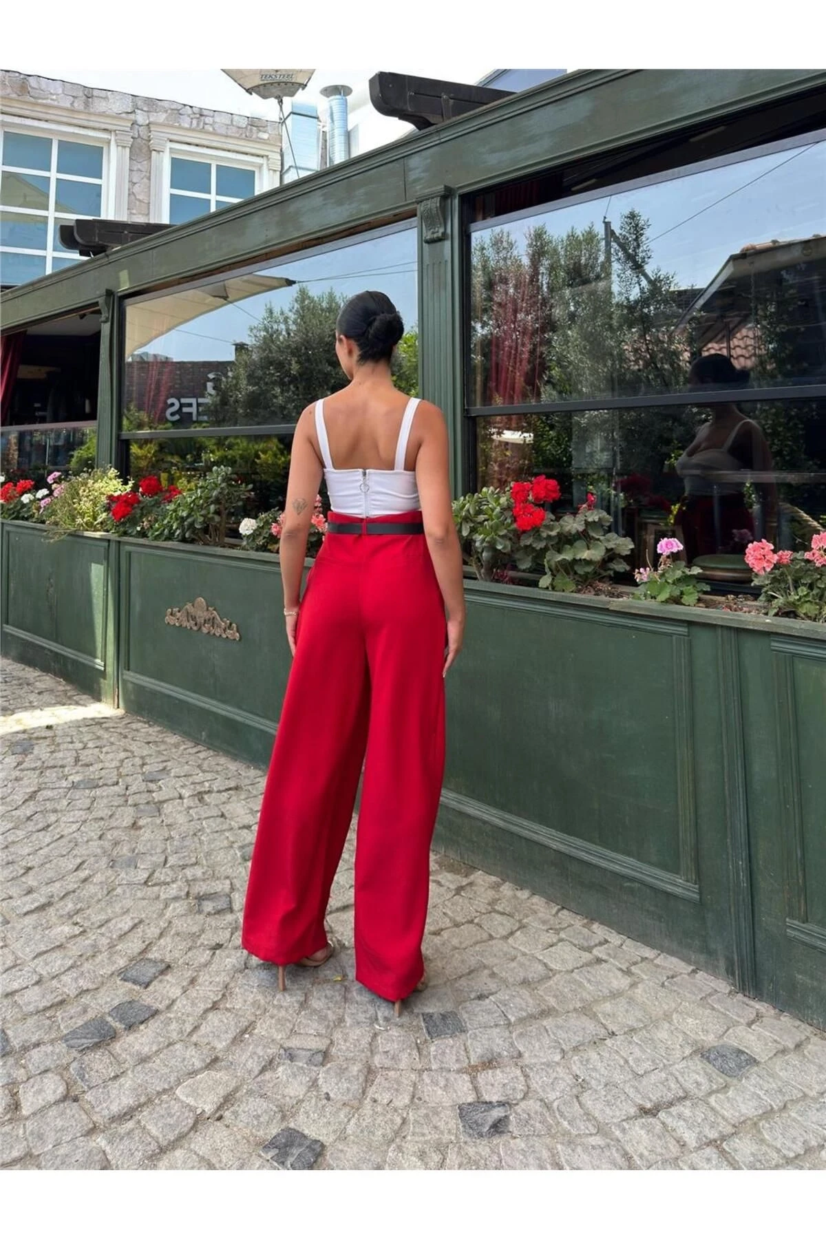 Kırmızı Keten Karışımlı Kemerli Pantolon