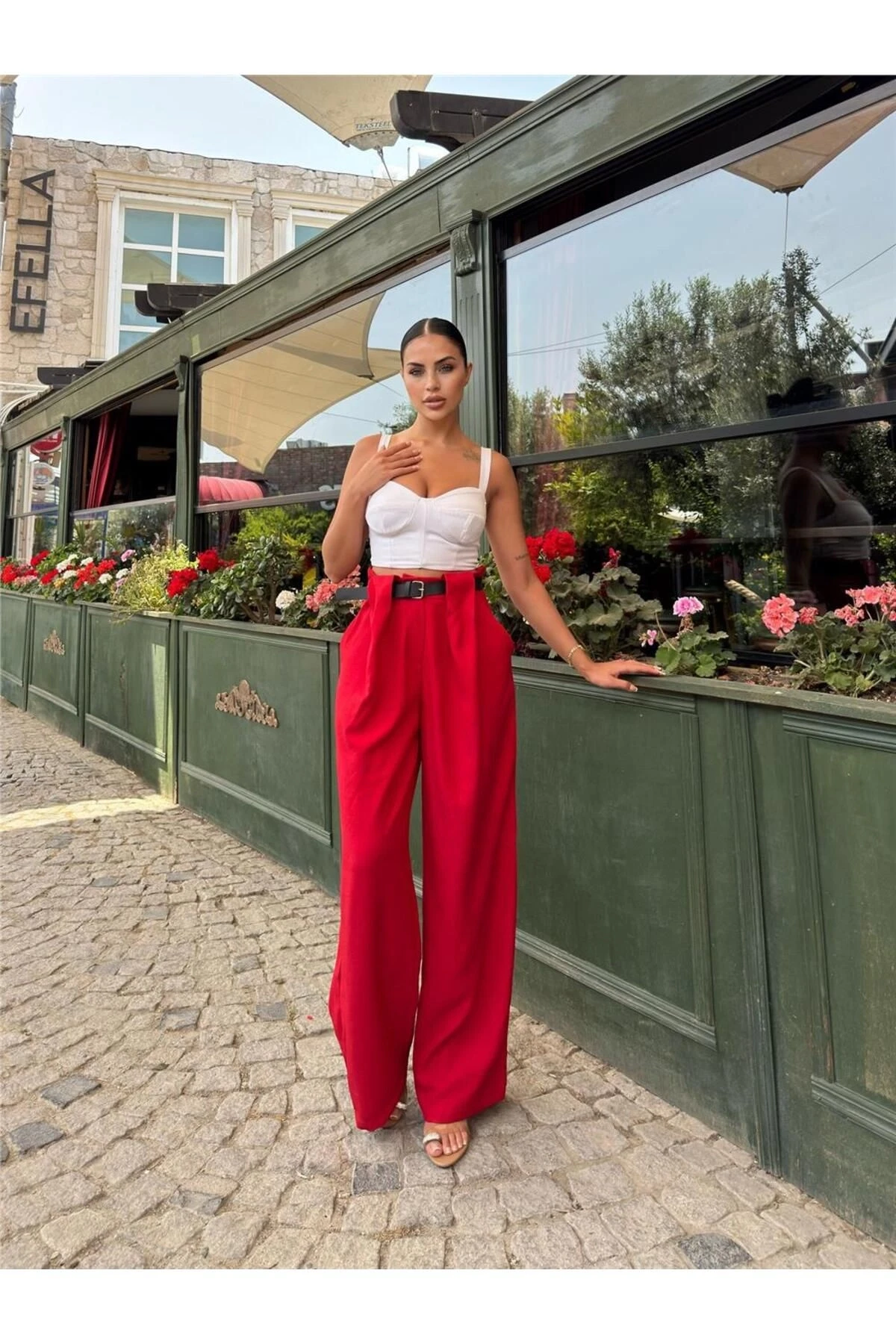 Kırmızı Keten Karışımlı Kemerli Pantolon