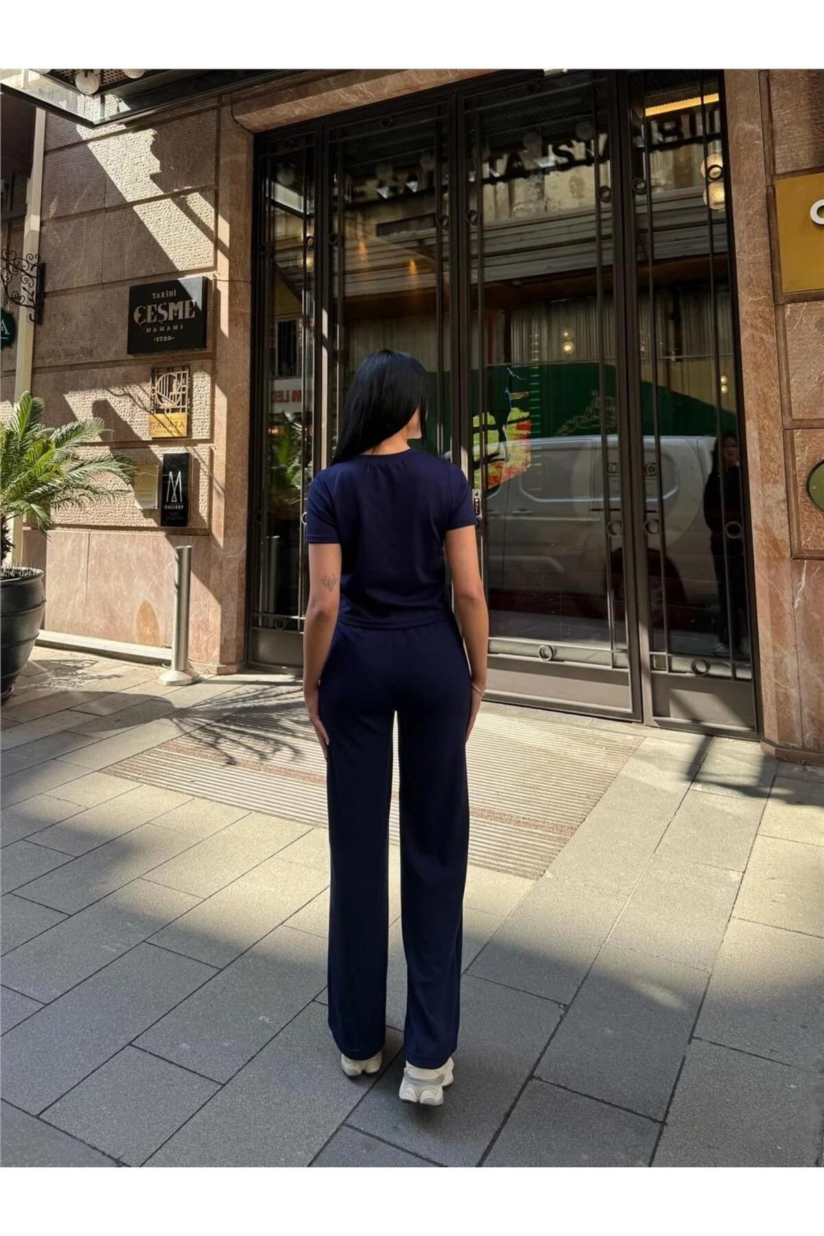 Lacivert Polyester Keten Palazzo Takım