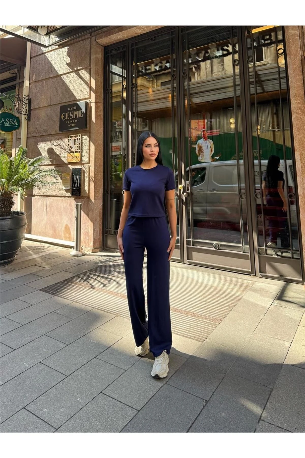 Lacivert Polyester Keten Palazzo Takım