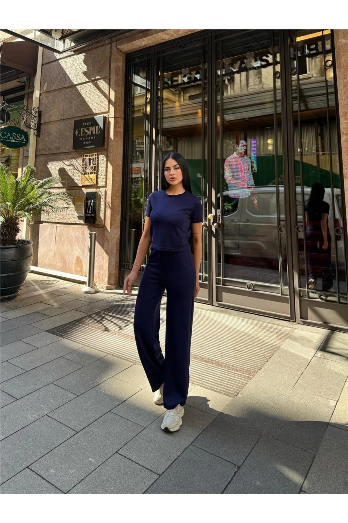 Lacivert Polyester Keten Palazzo Takım