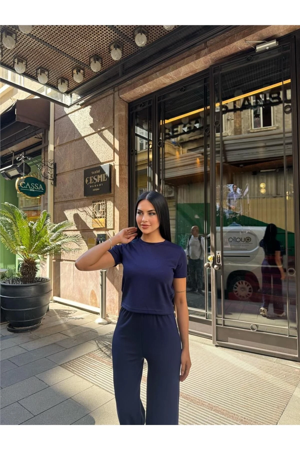 Lacivert Polyester Keten Palazzo Takım