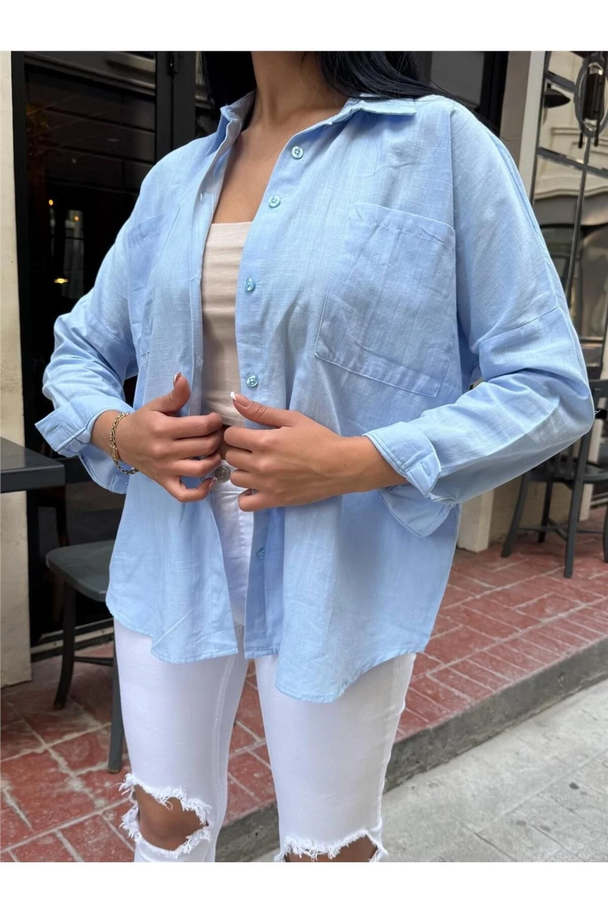 Mavi Cepli Oversize Viskon Gömlek