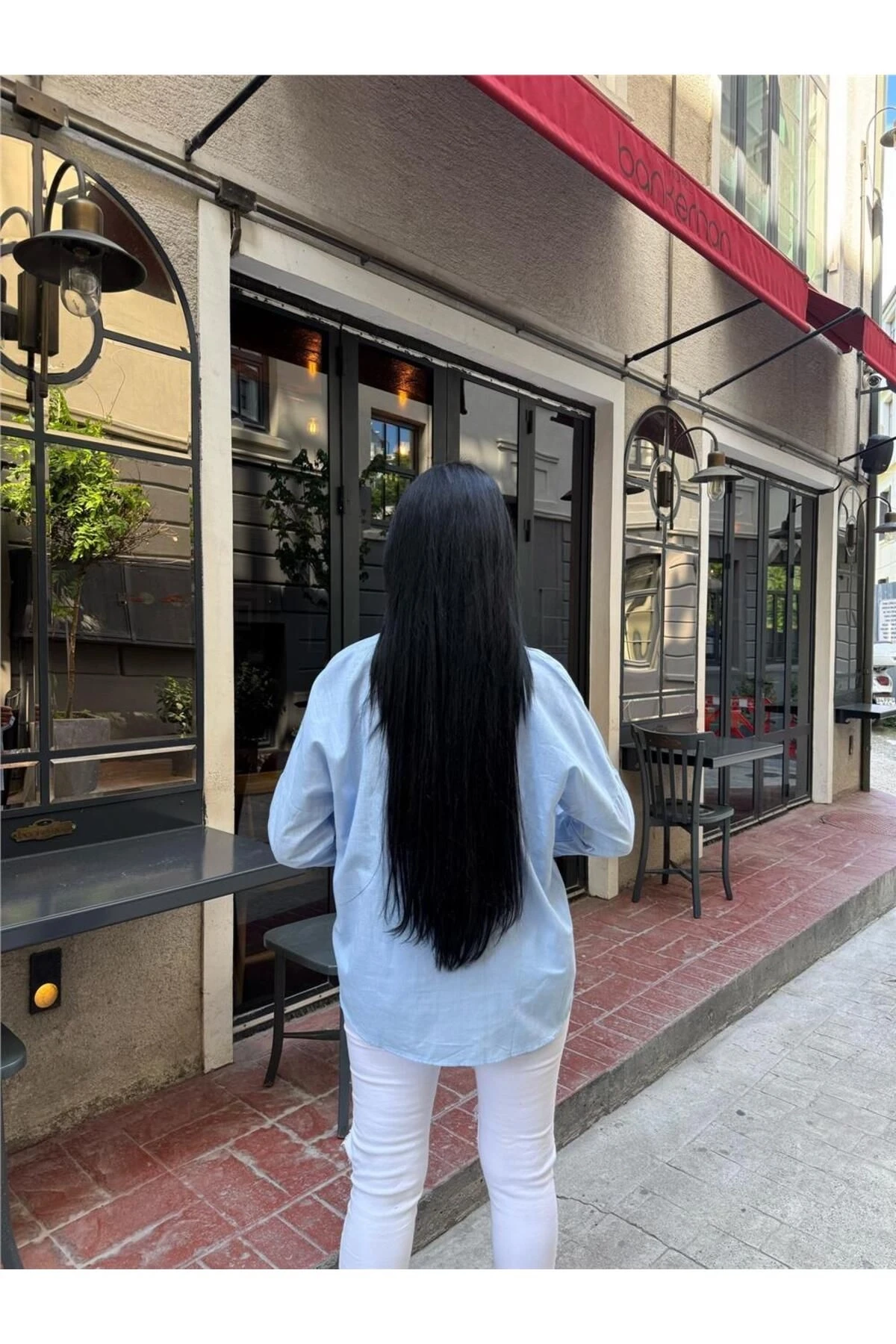 Mavi Cepli Oversize Viskon Gömlek