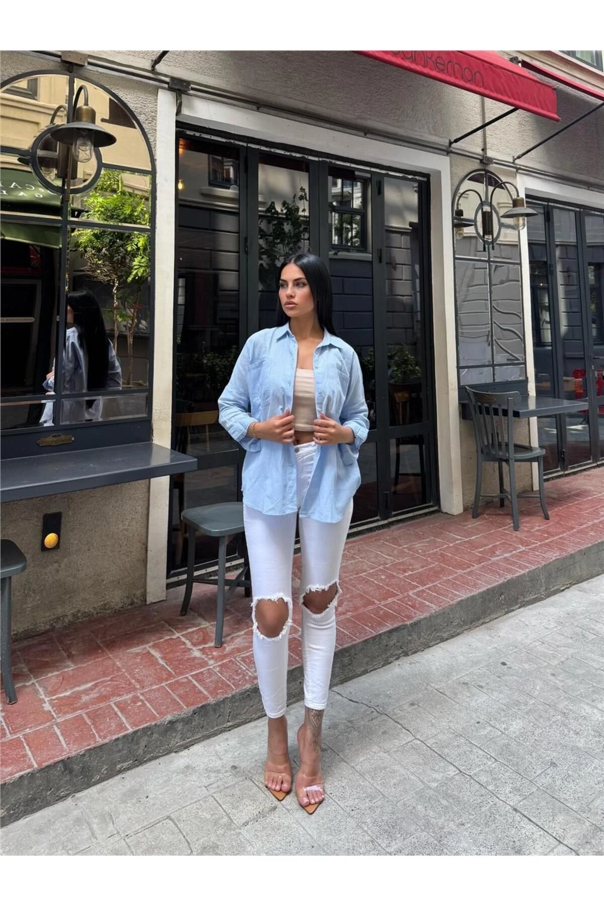 Mavi Cepli Oversize Viskon Gömlek