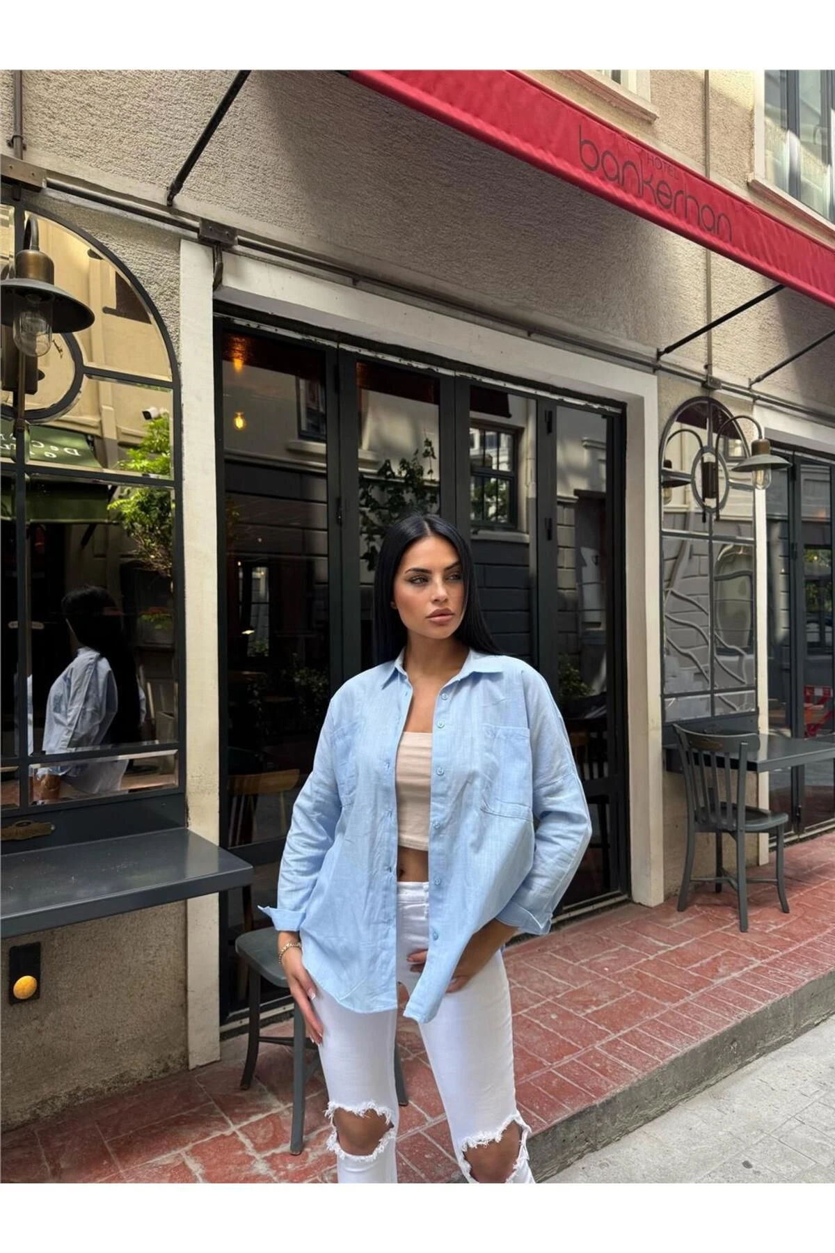 Mavi Cepli Oversize Viskon Gömlek