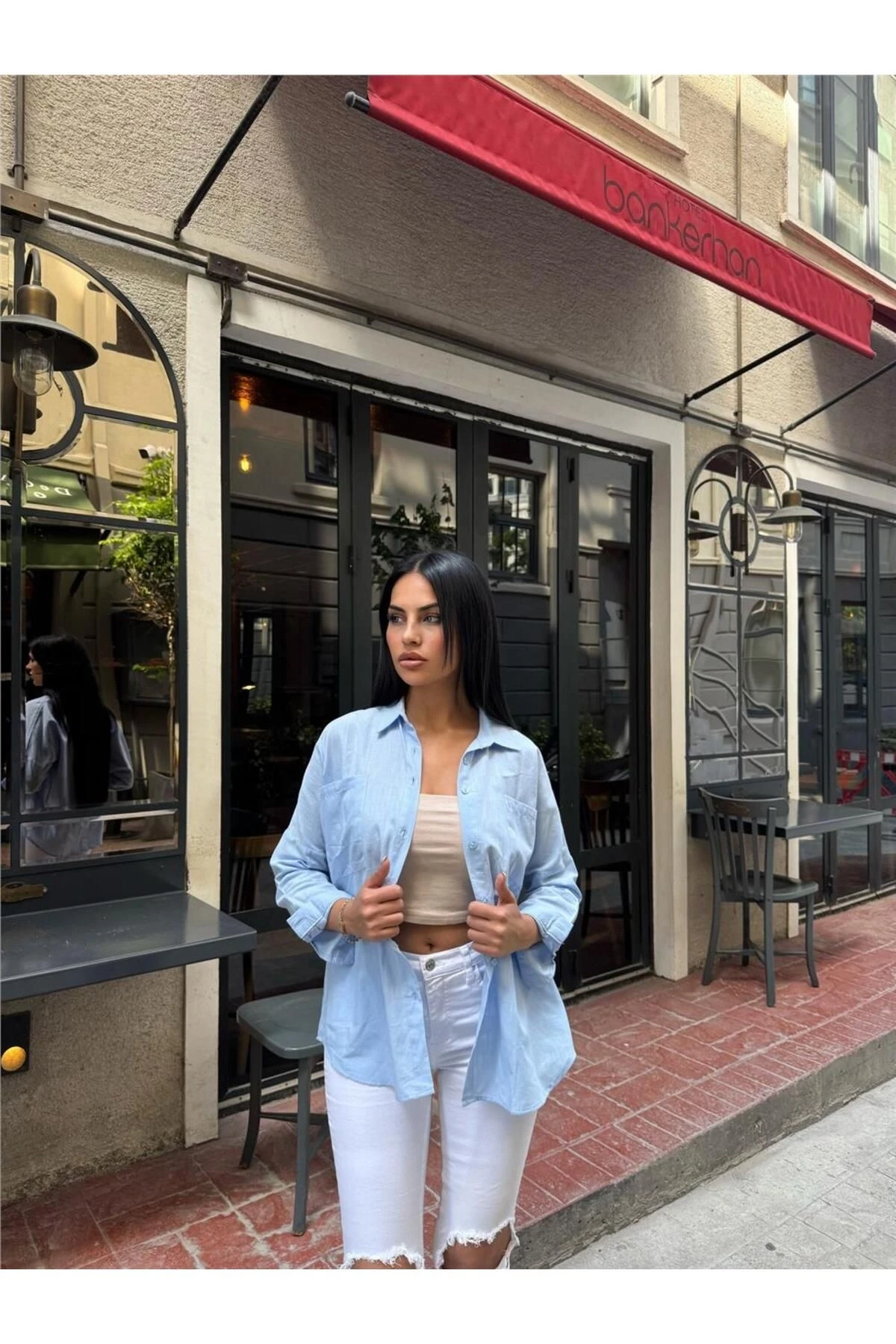 Mavi Cepli Oversize Viskon Gömlek