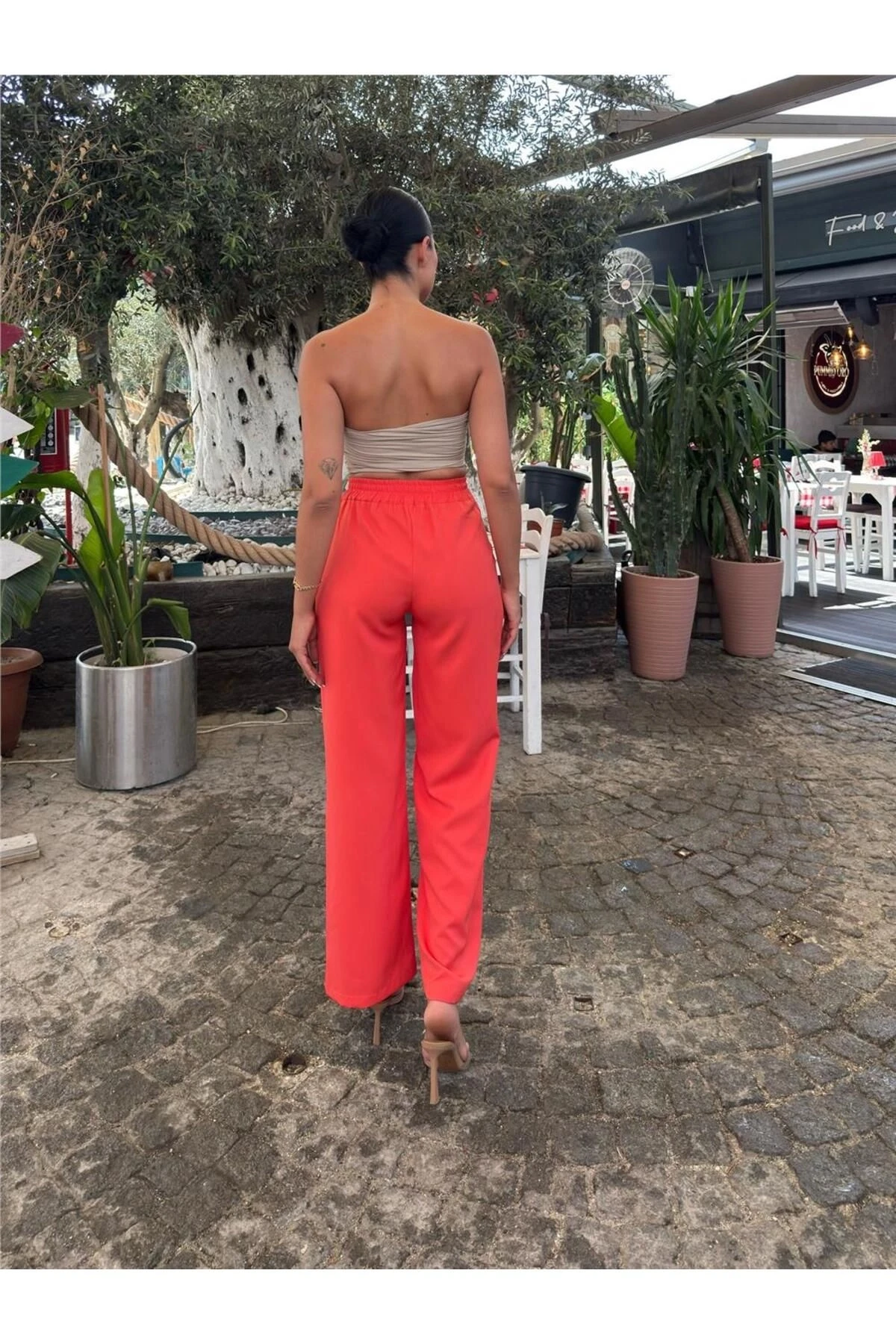 Mercan Likralı Palazzo Beli Lastikli Pantolon