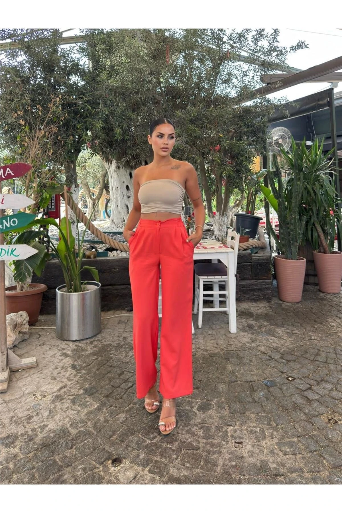 Mercan Likralı Palazzo Beli Lastikli Pantolon