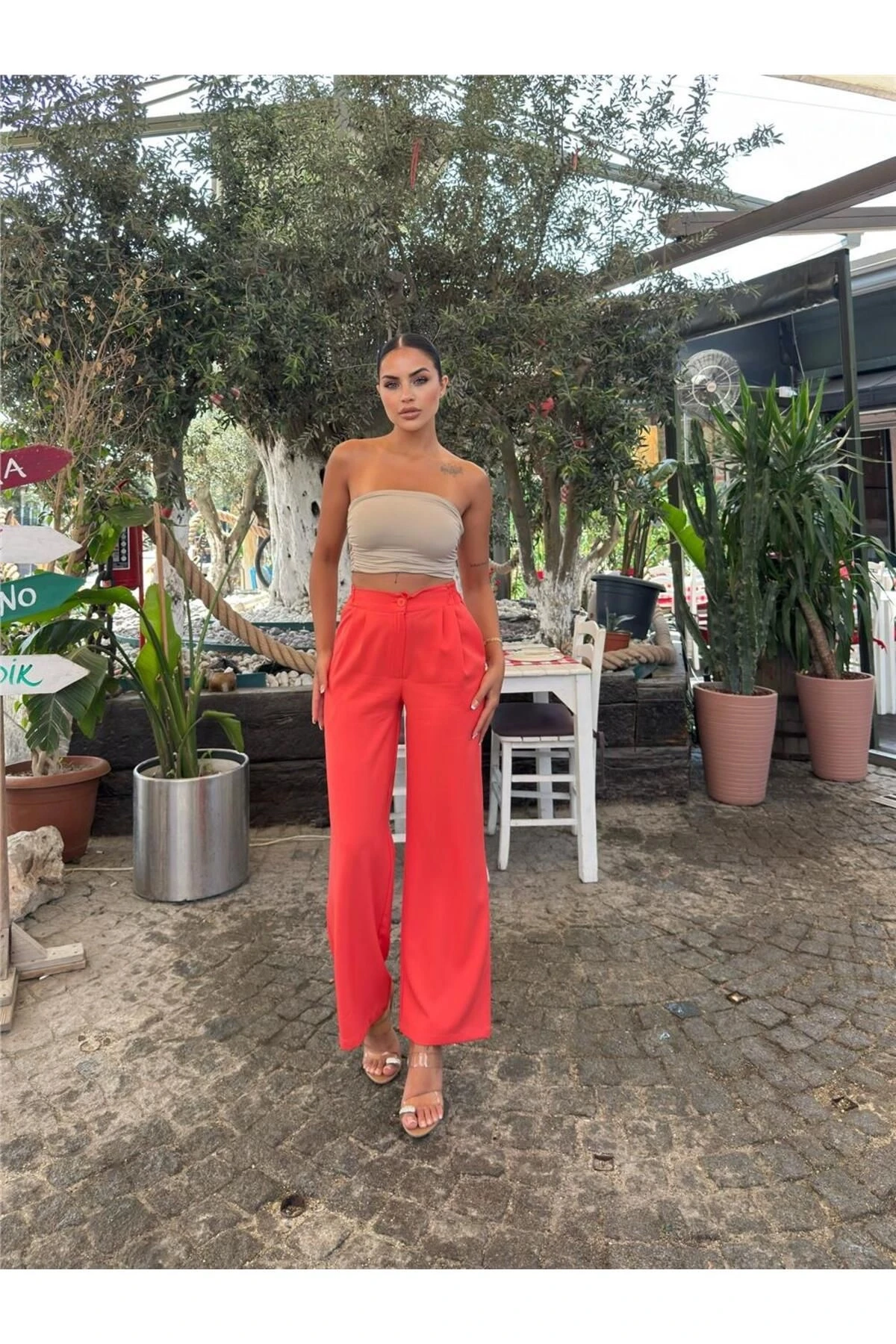 Mercan Likralı Palazzo Beli Lastikli Pantolon