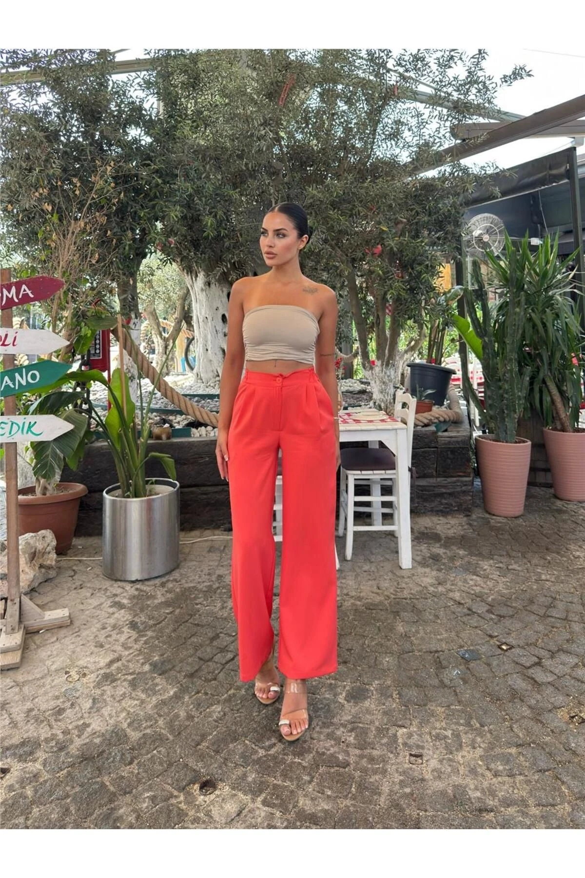 Mercan Likralı Palazzo Beli Lastikli Pantolon