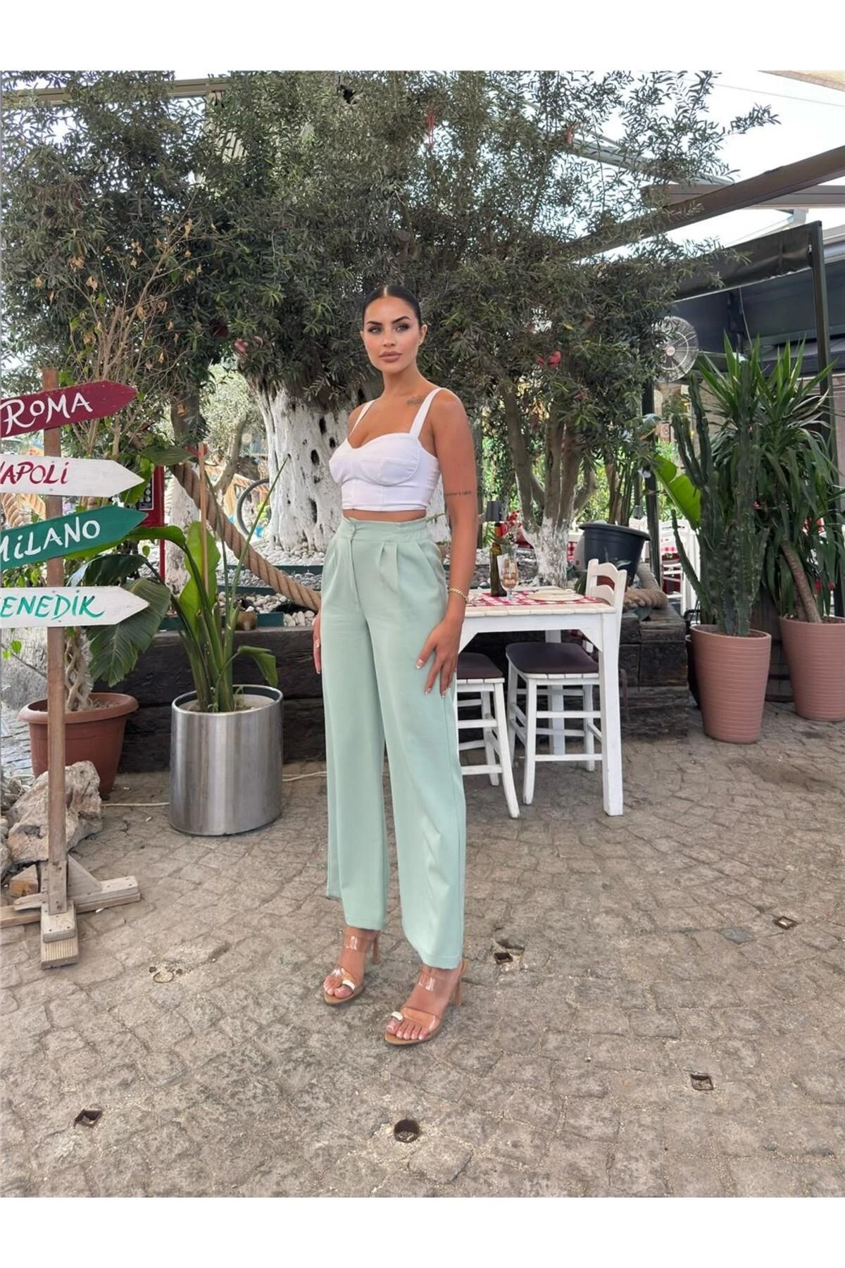 Mint Likralı Palazzo Pantolon