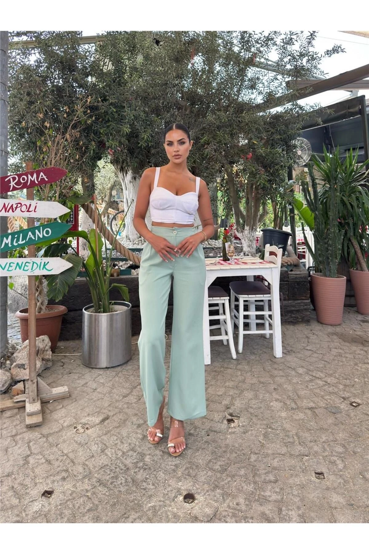 Mint Likralı Palazzo Pantolon