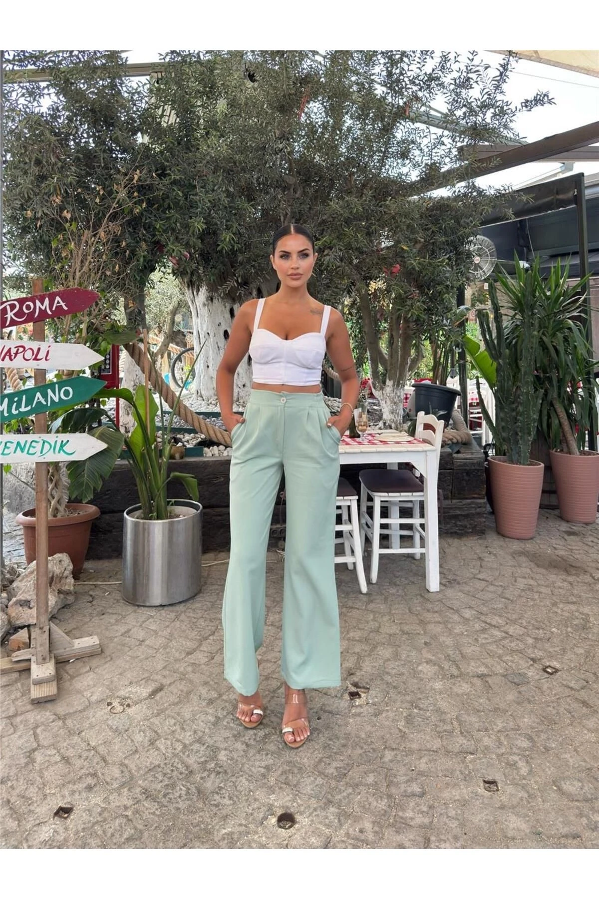 Mint Likralı Palazzo Pantolon