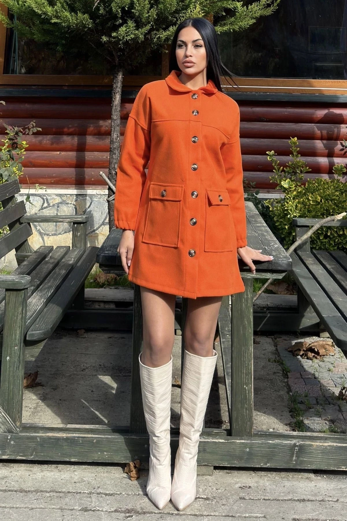 Oranj Düğme Detaylı Kapaklı Cep, Midi Polar Kaşe Ceket