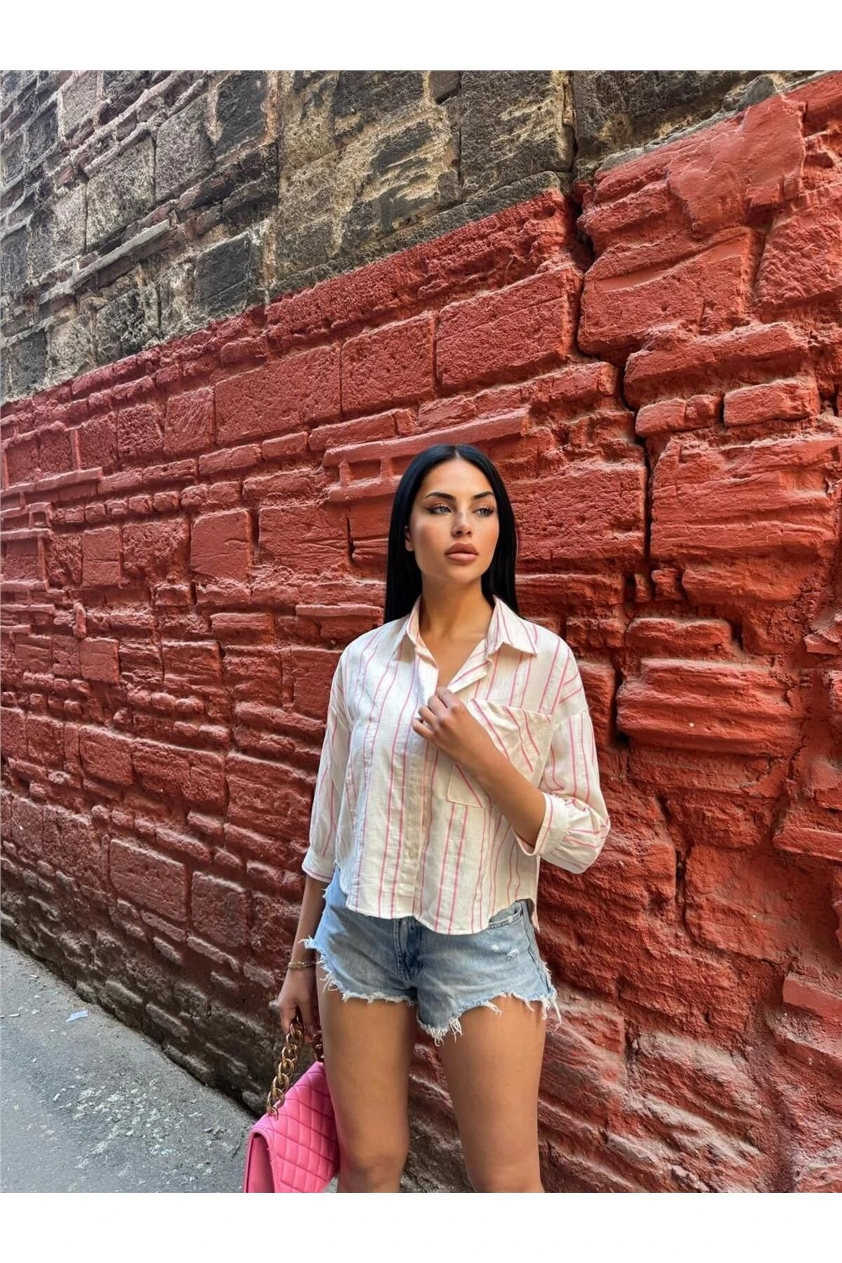 Pembe Çizgili Cepli Gömlek