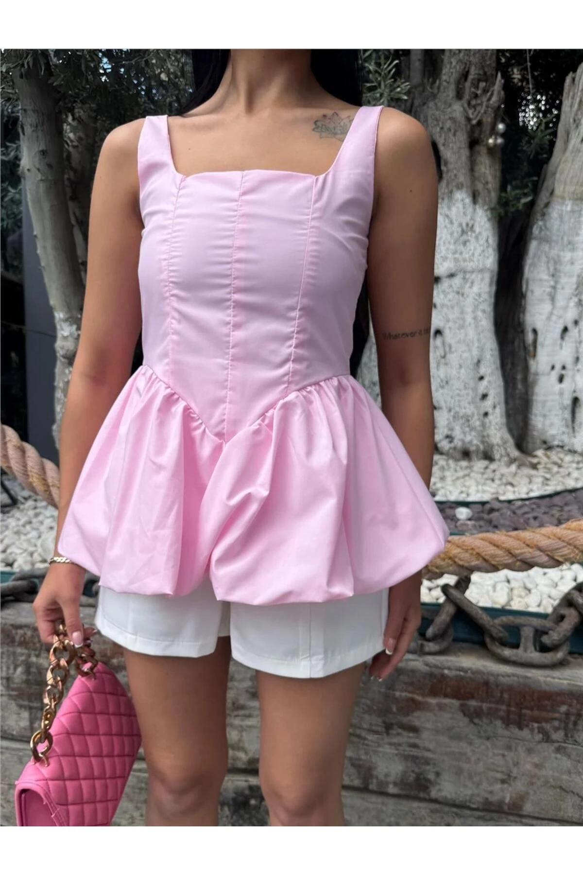 Pembe Kare Yaka Balon Kollu Bluz