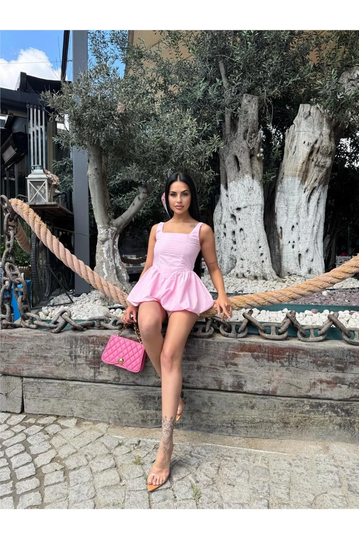 Pembe Kare Yaka Balon Kollu Bluz