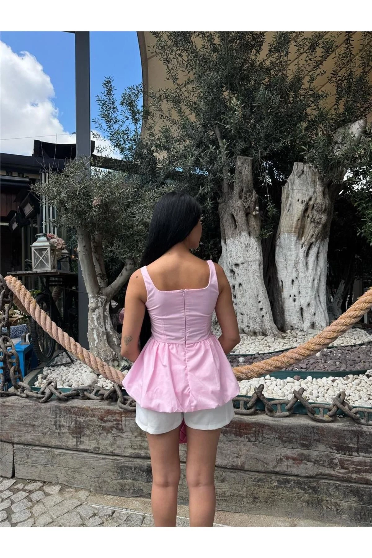 Pembe Kare Yaka Balon Kollu Bluz