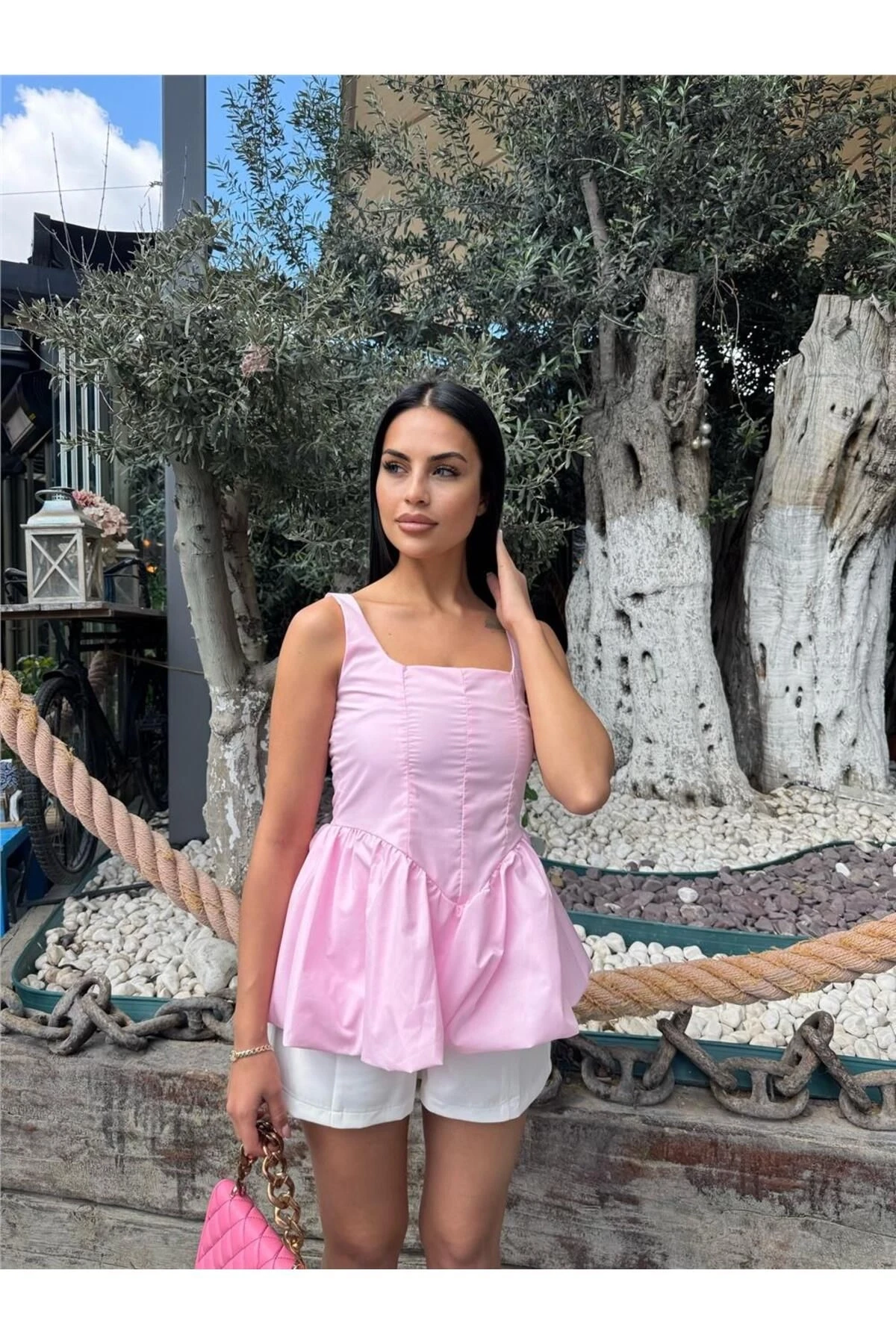 Pembe Kare Yaka Balon Kollu Bluz