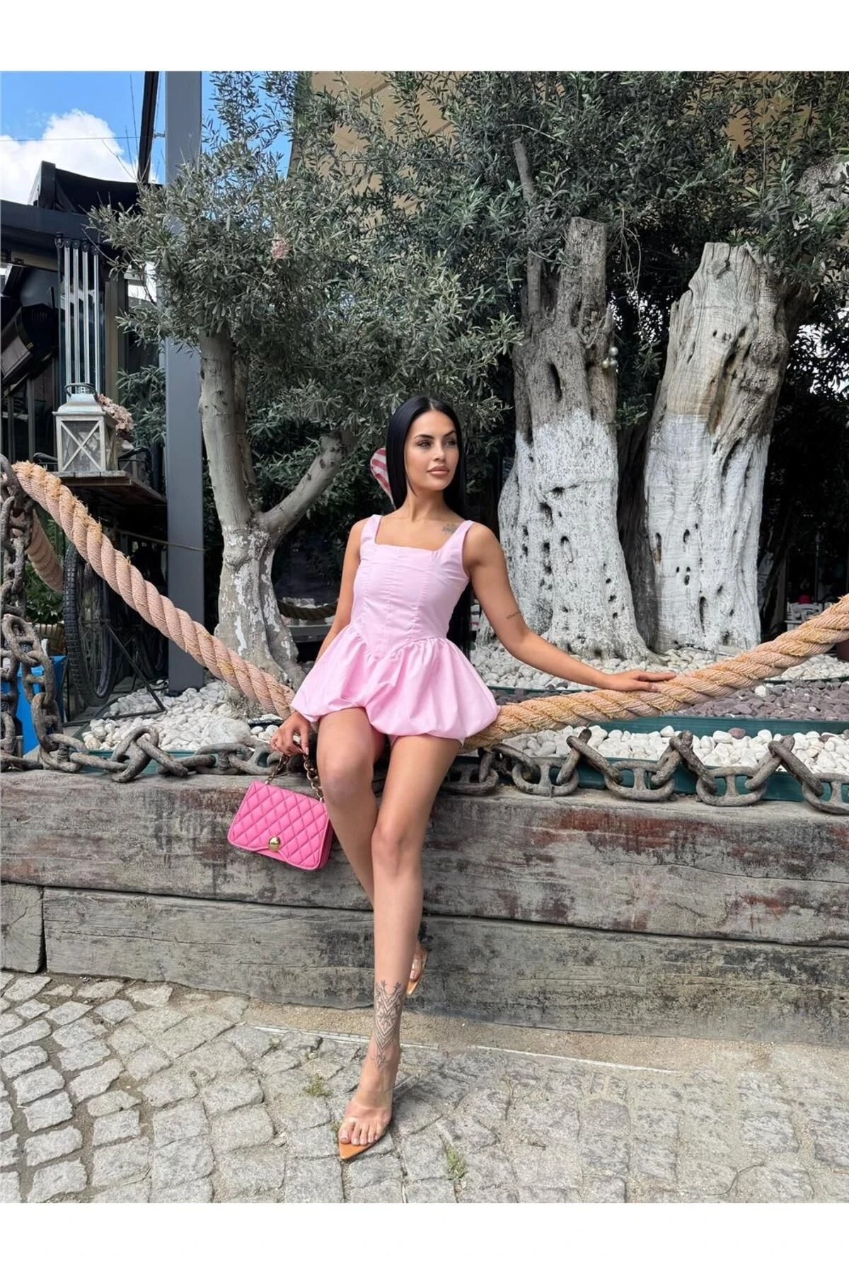 Pembe Kare Yaka Balon Kollu Bluz