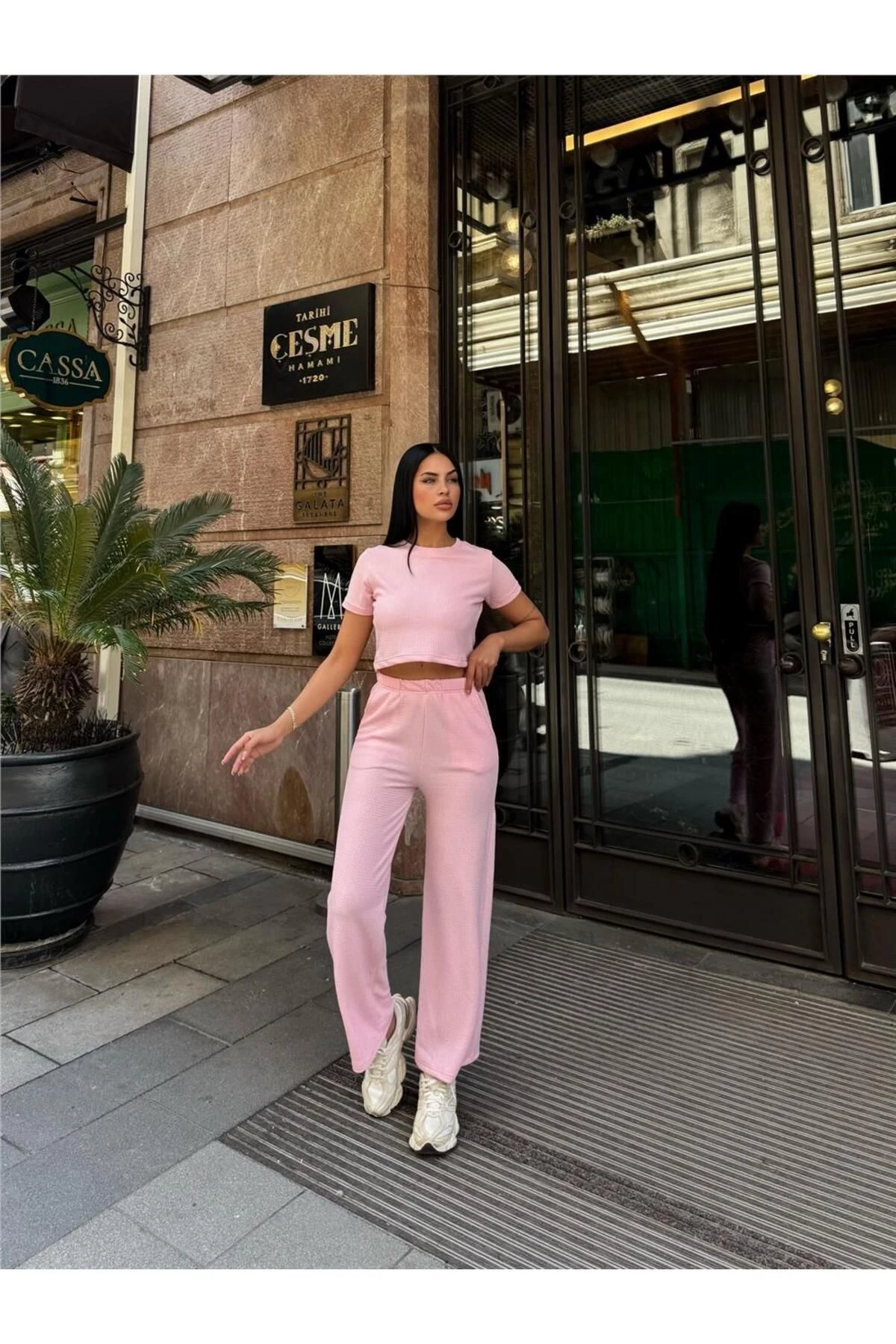 Pembe Modal Keten Dokulu Bisiklet Yaka Takım