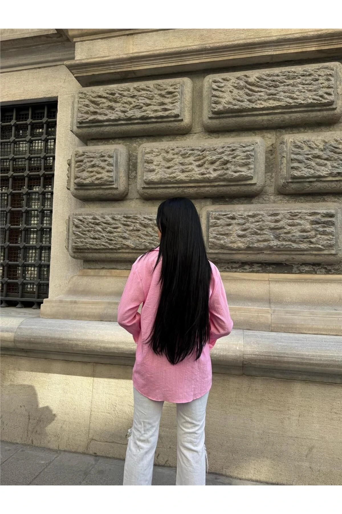 Pembe Oversize Kırışık %100 Polyester Gömlek