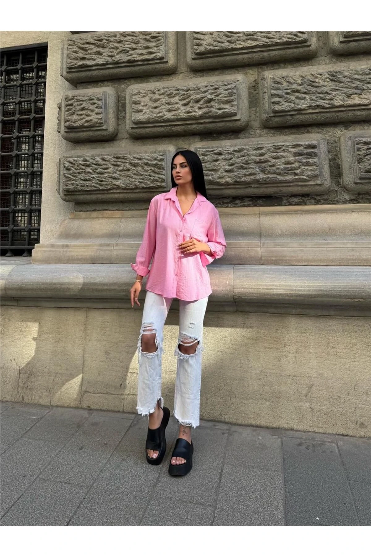 Pembe Oversize Kırışık %100 Polyester Gömlek