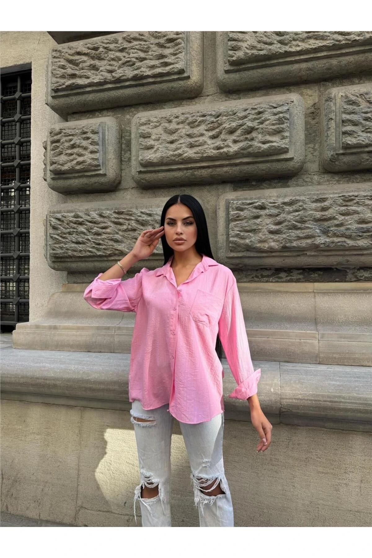Pembe Oversize Kırışık %100 Polyester Gömlek