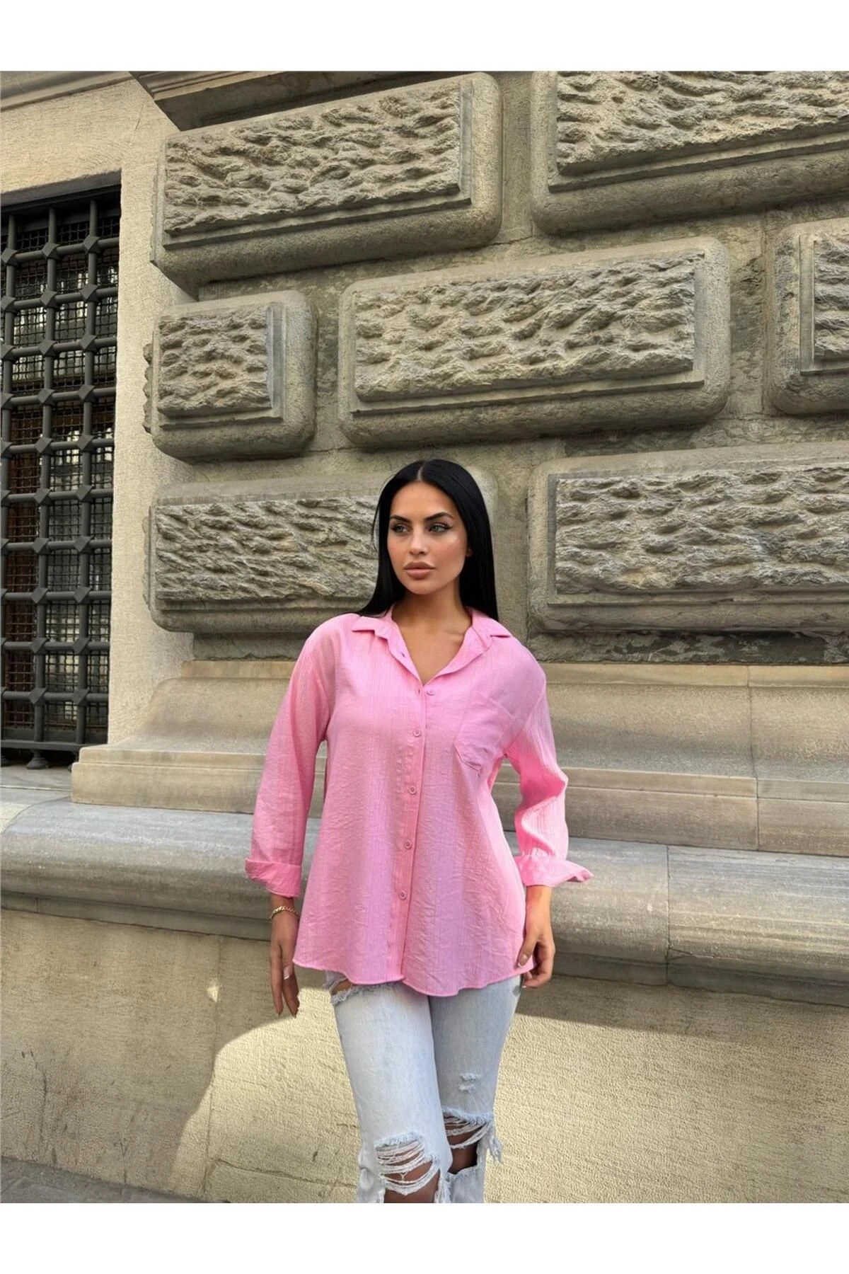 Pembe Oversize Kırışık %100 Polyester Gömlek