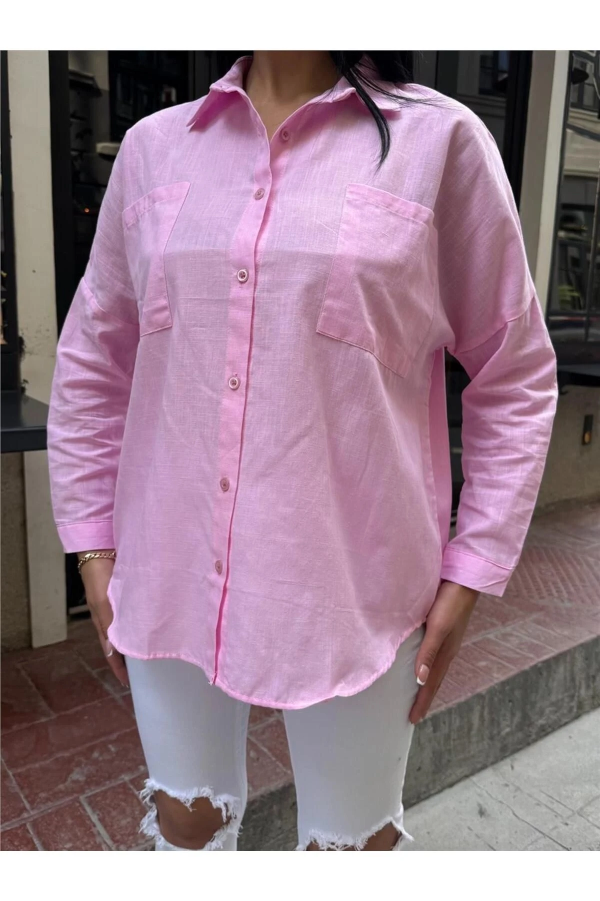 Pembe Oversize Pamuk Karışımlı Cepli Gömlek